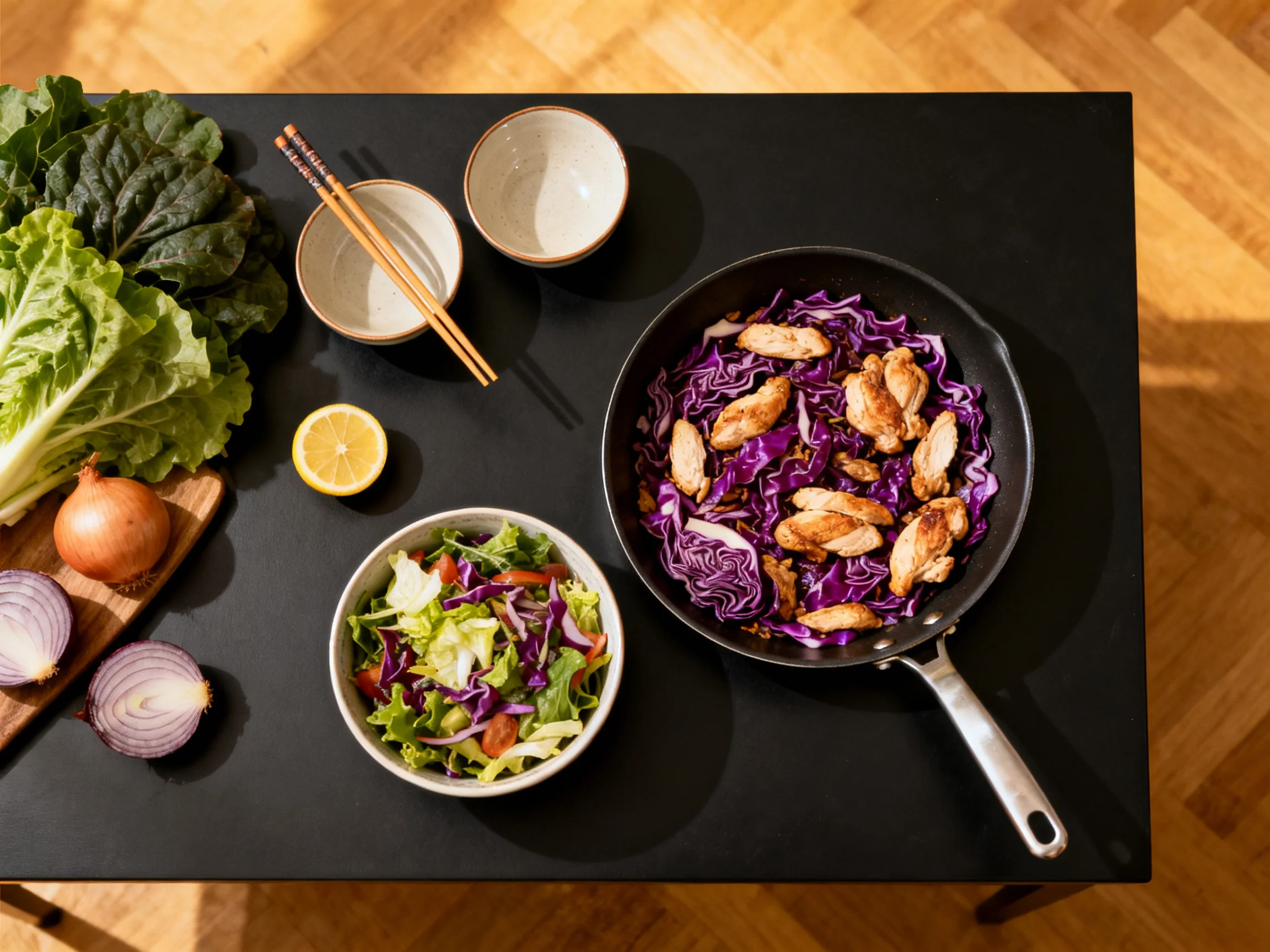 Skillet with chicken and purple cabbage, fresh vegetables, and a salad on a black table