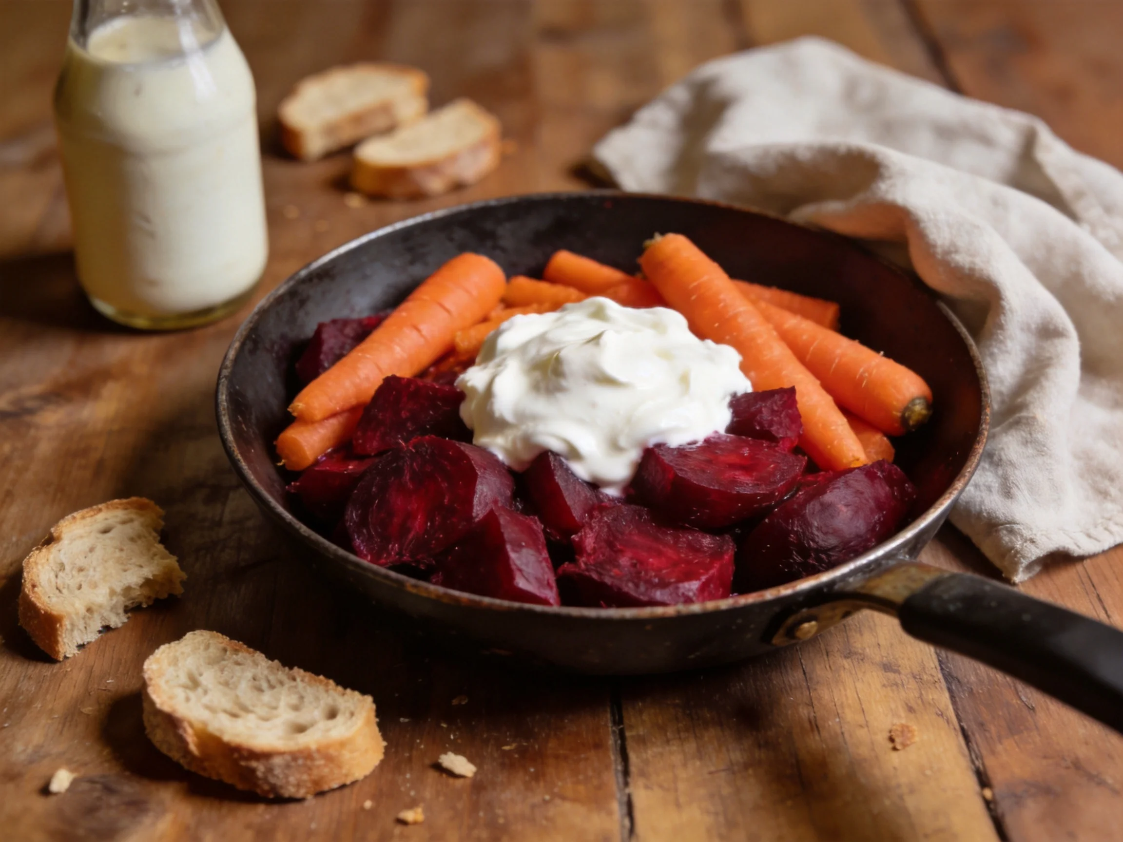 Skillet with roasted beets, carrots, sour cream, bread, and dressing