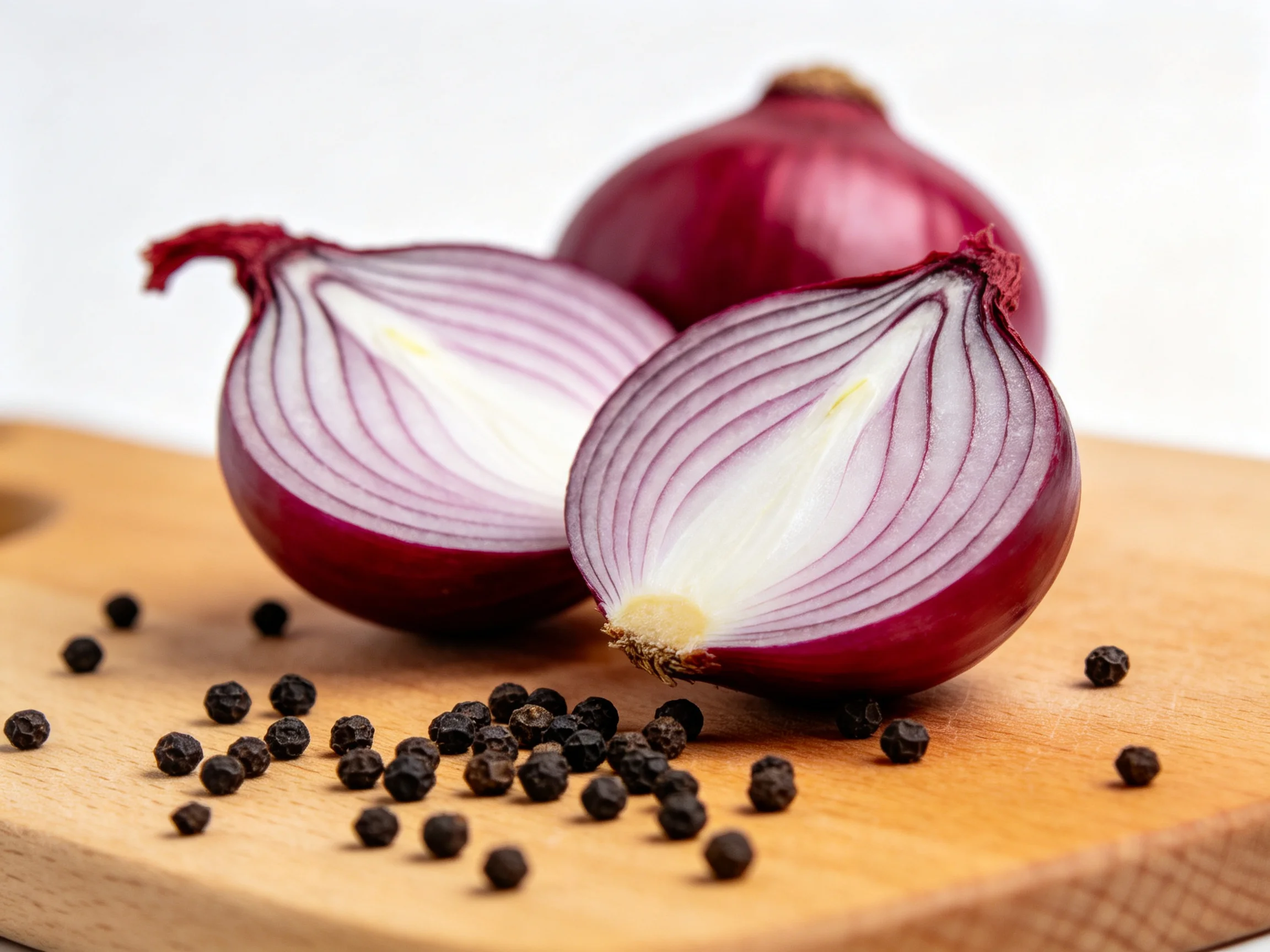 Sliced and whole red onions with black peppercorns on a wooden cutting board
