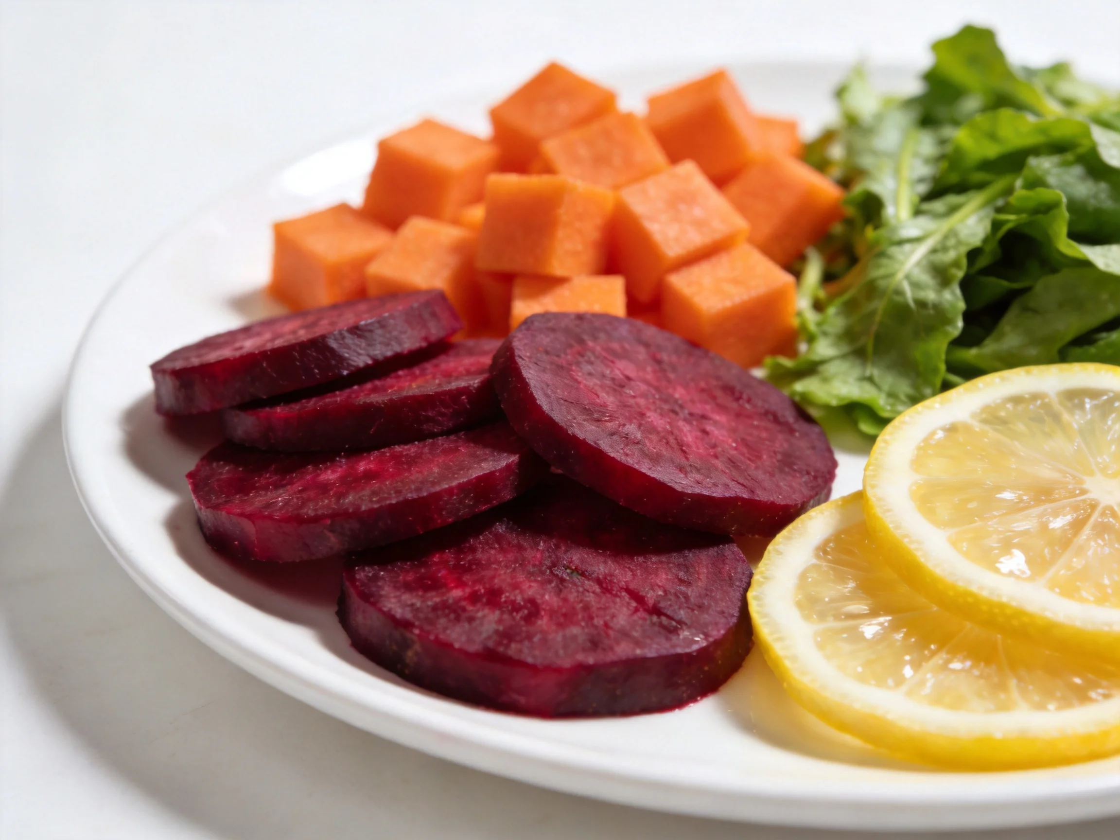 Sliced beets, carrot cubes, leafy greens, and lemon slices on a white plate