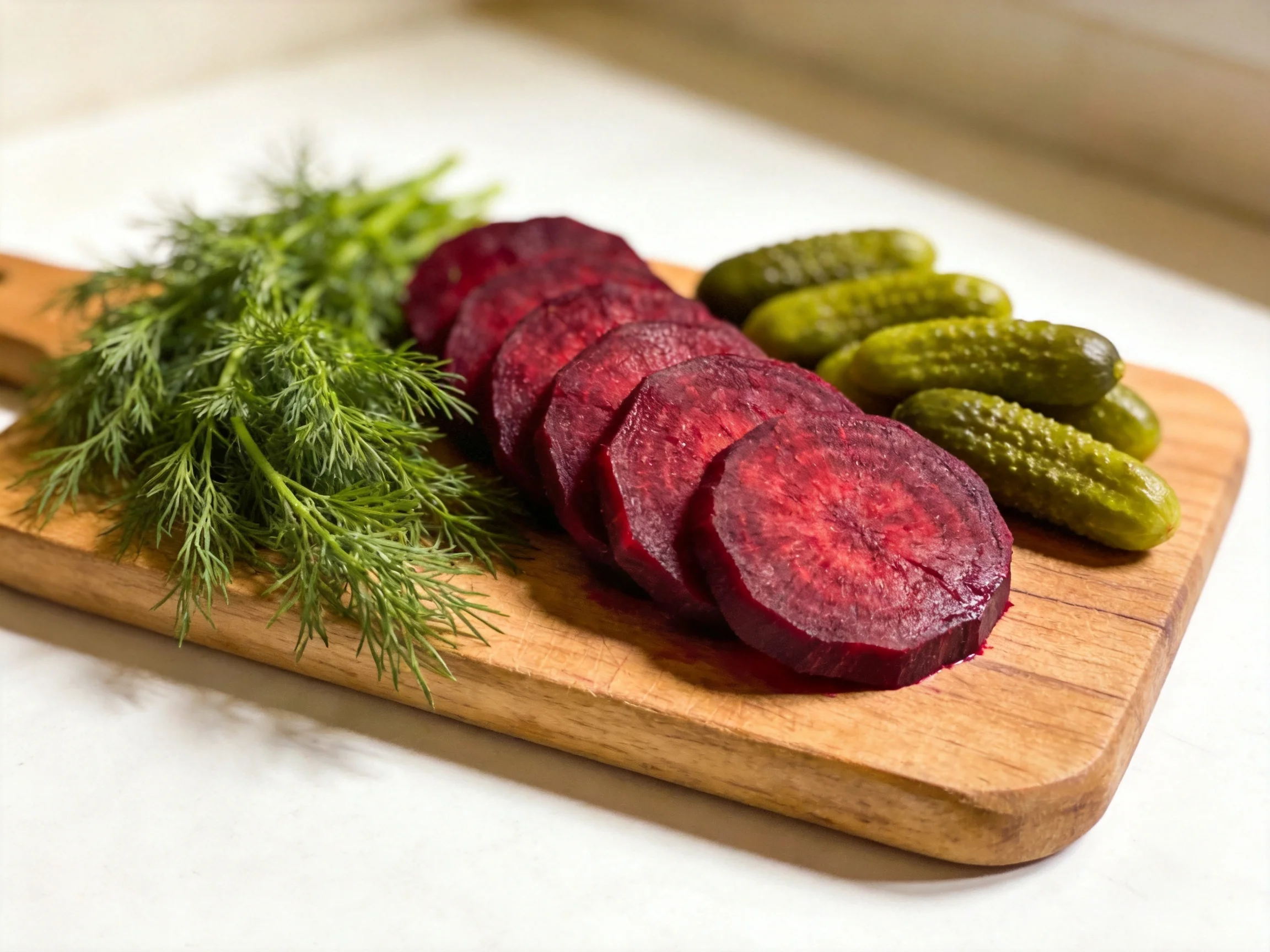 Sliced beets, pickles, and fresh dill arranged on a wooden cutting board