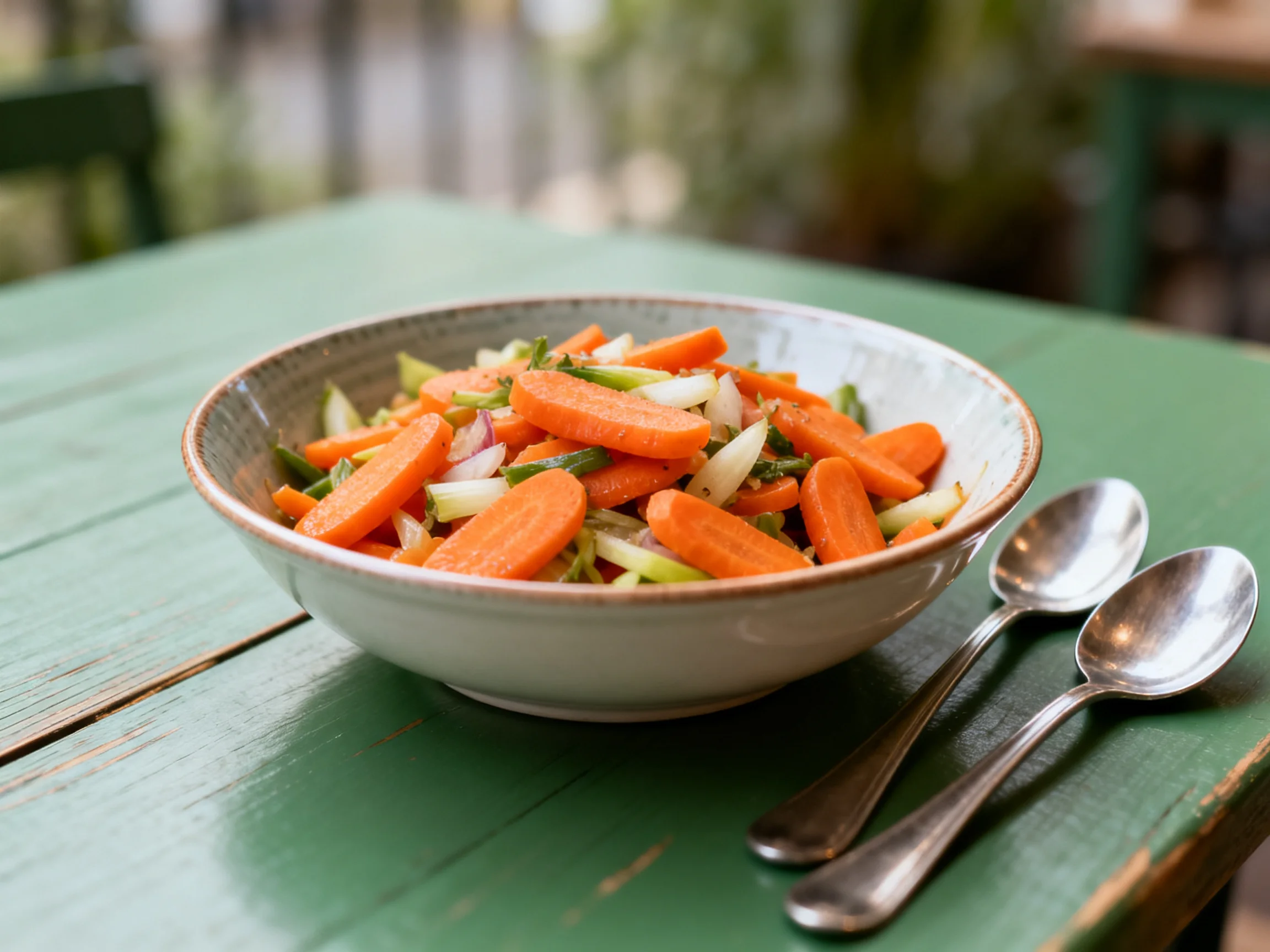 Sliced carrots and mixed vegetables in a bowl on a green wooden table