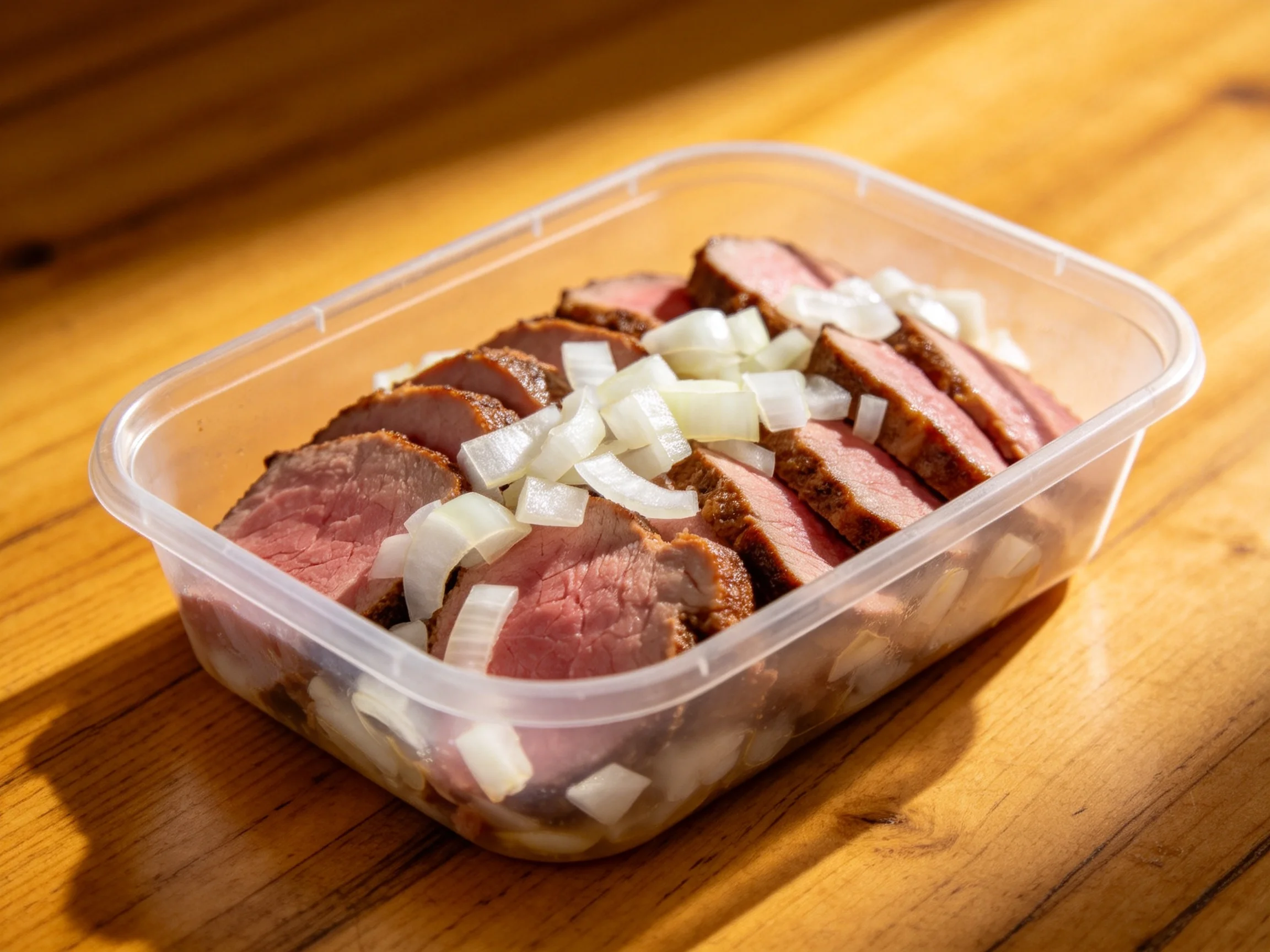 Sliced cooked meat topped with diced white onions in a clear plastic container