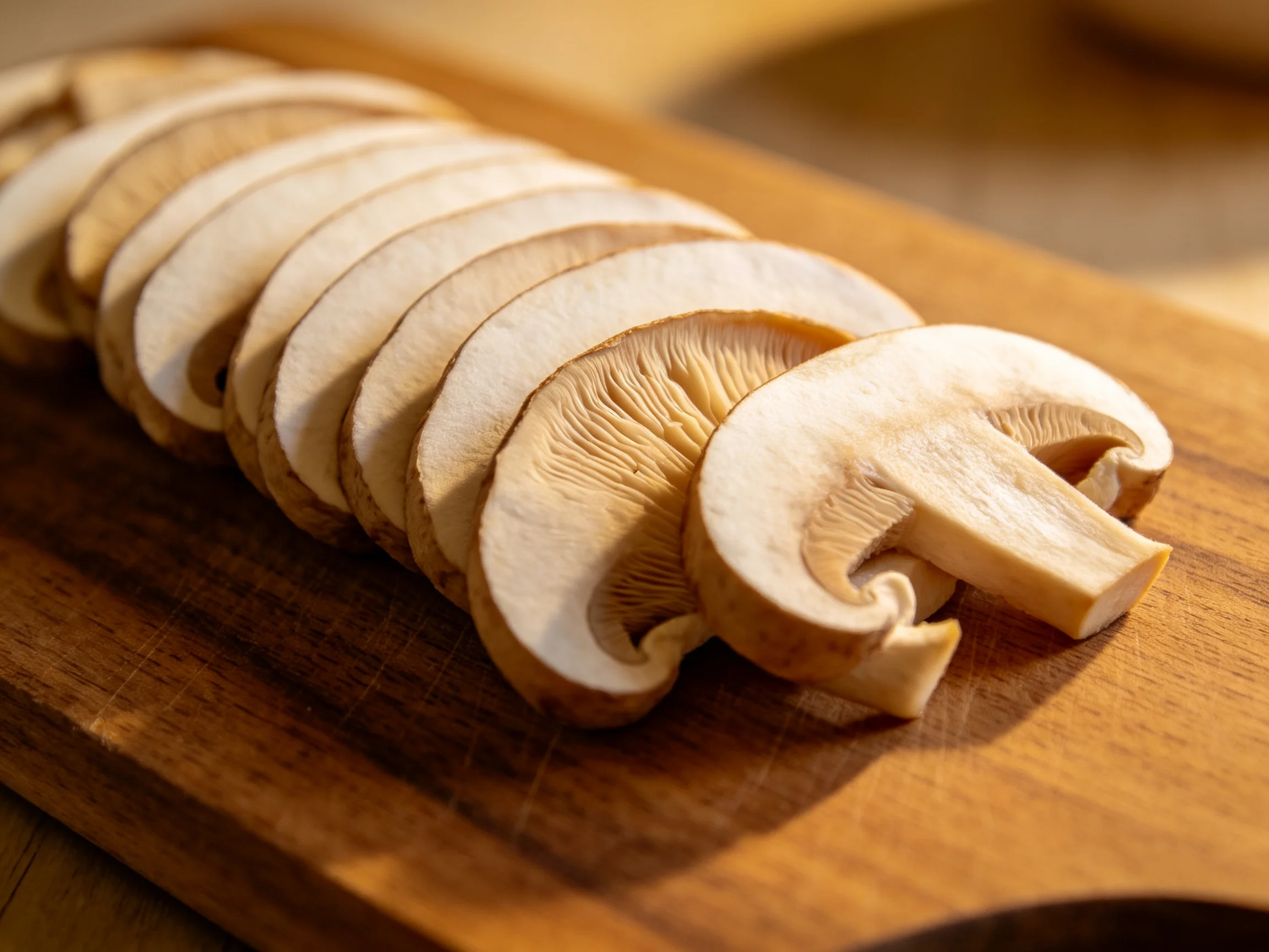 Sliced cremini mushrooms neatly arranged on a wooden cutting board