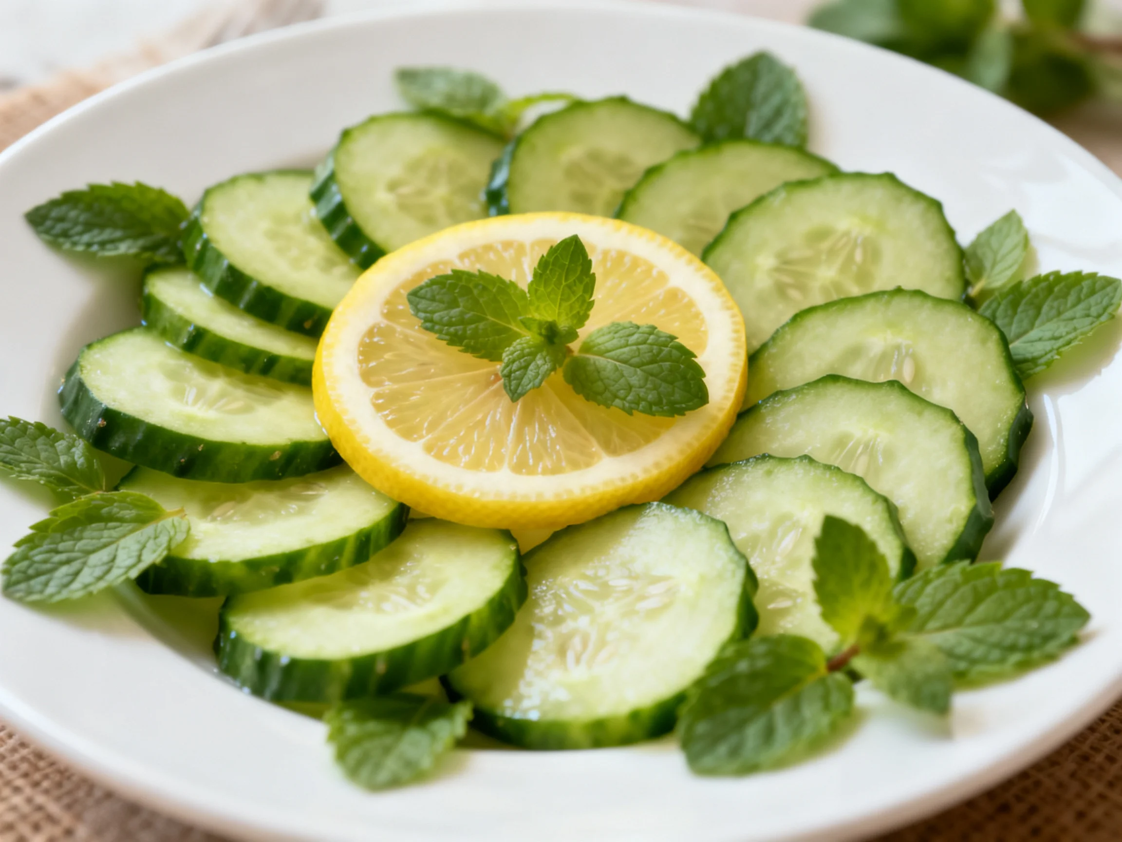 Sliced cucumbers, lemon centerpiece, mint garnish on white plate