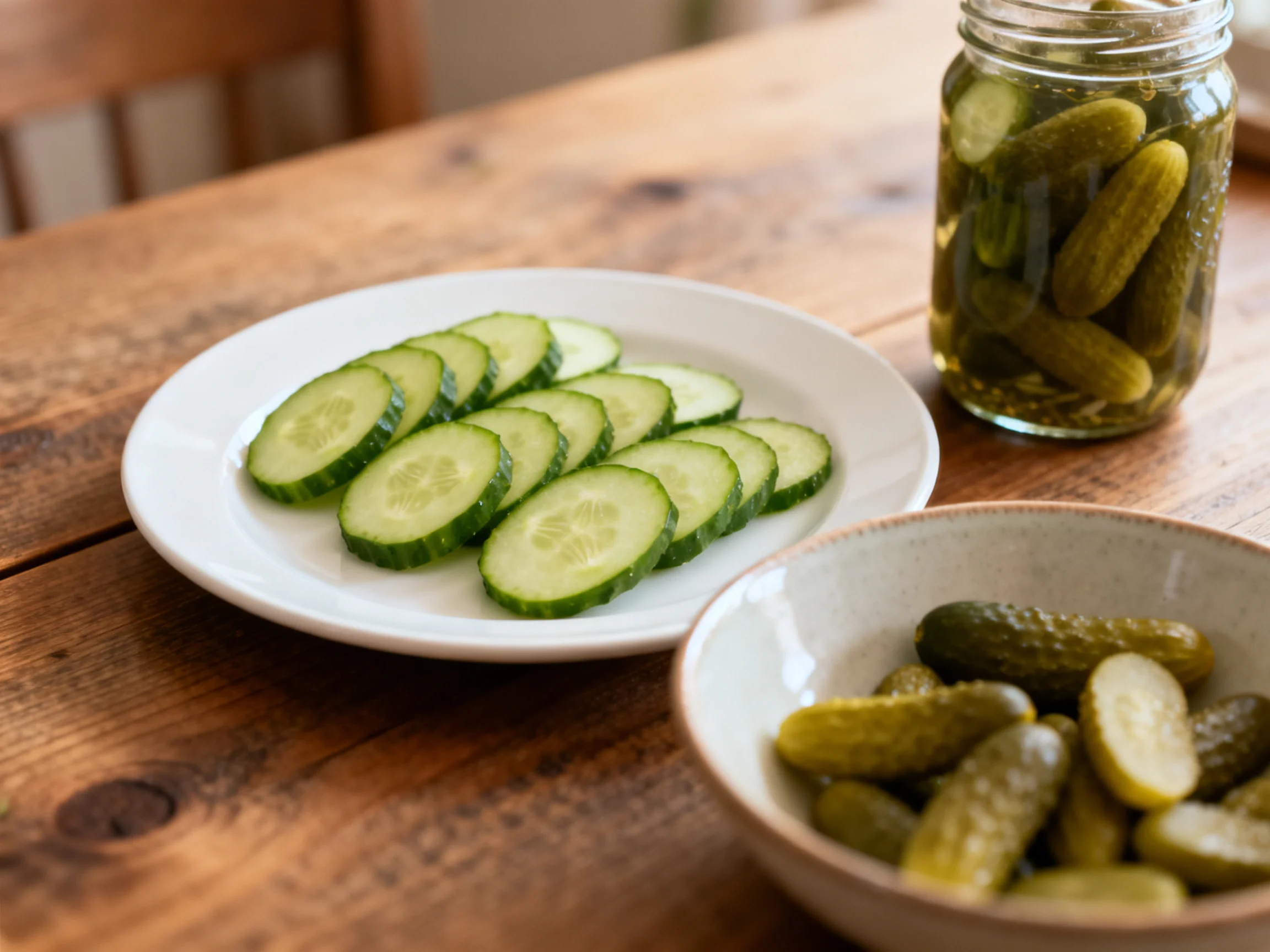 Sliced cucumbers on a white plate, a jar, and a bowl of pickles on a wooden table
