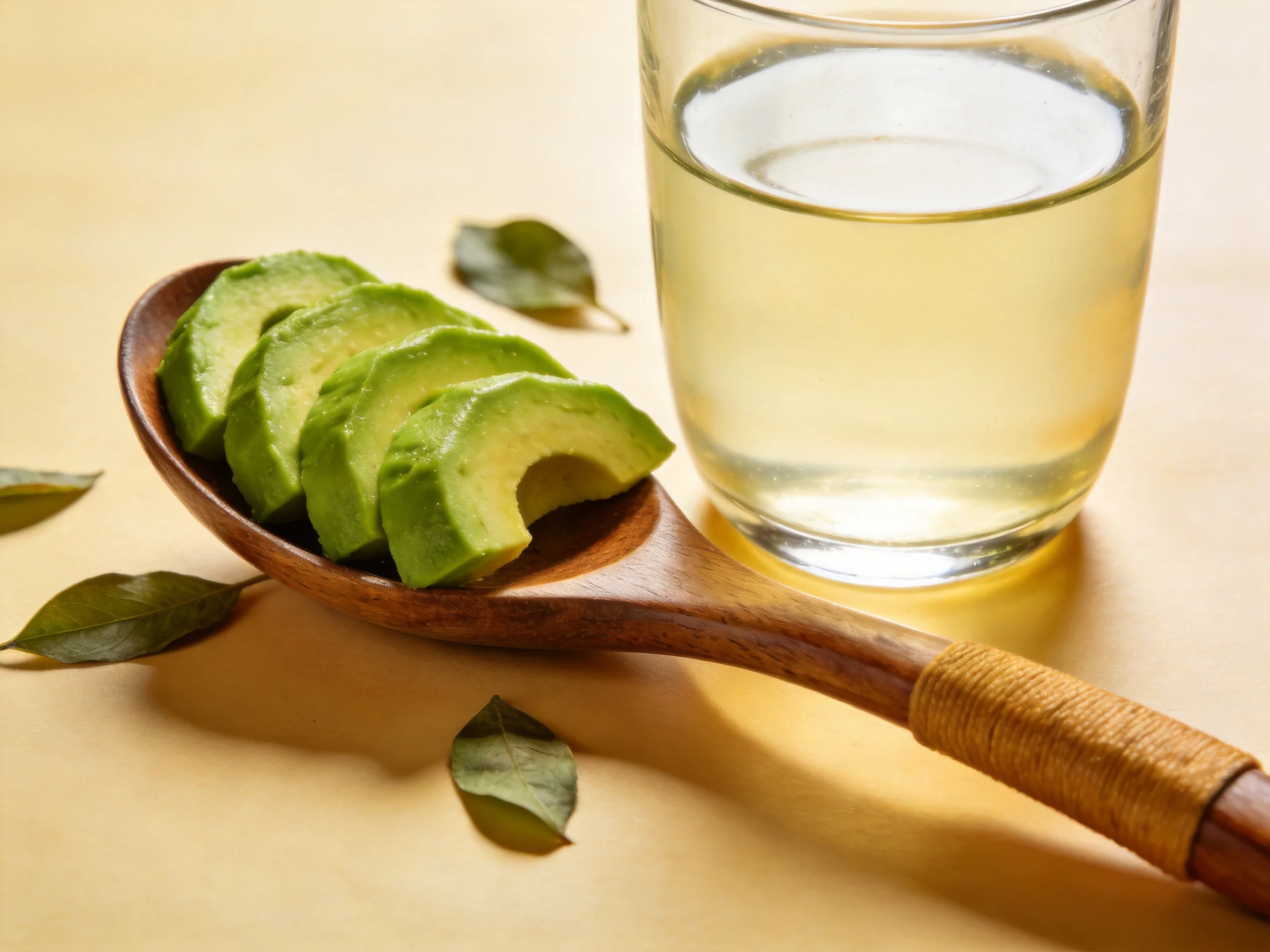 Sliced green avocado on a wooden spoon near a glass of water