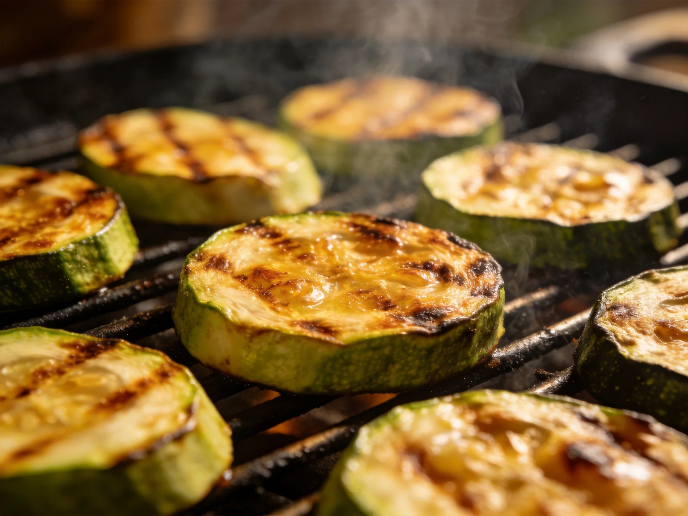 Sliced green vegetables grilling with golden-brown char marks on outdoor barbecue