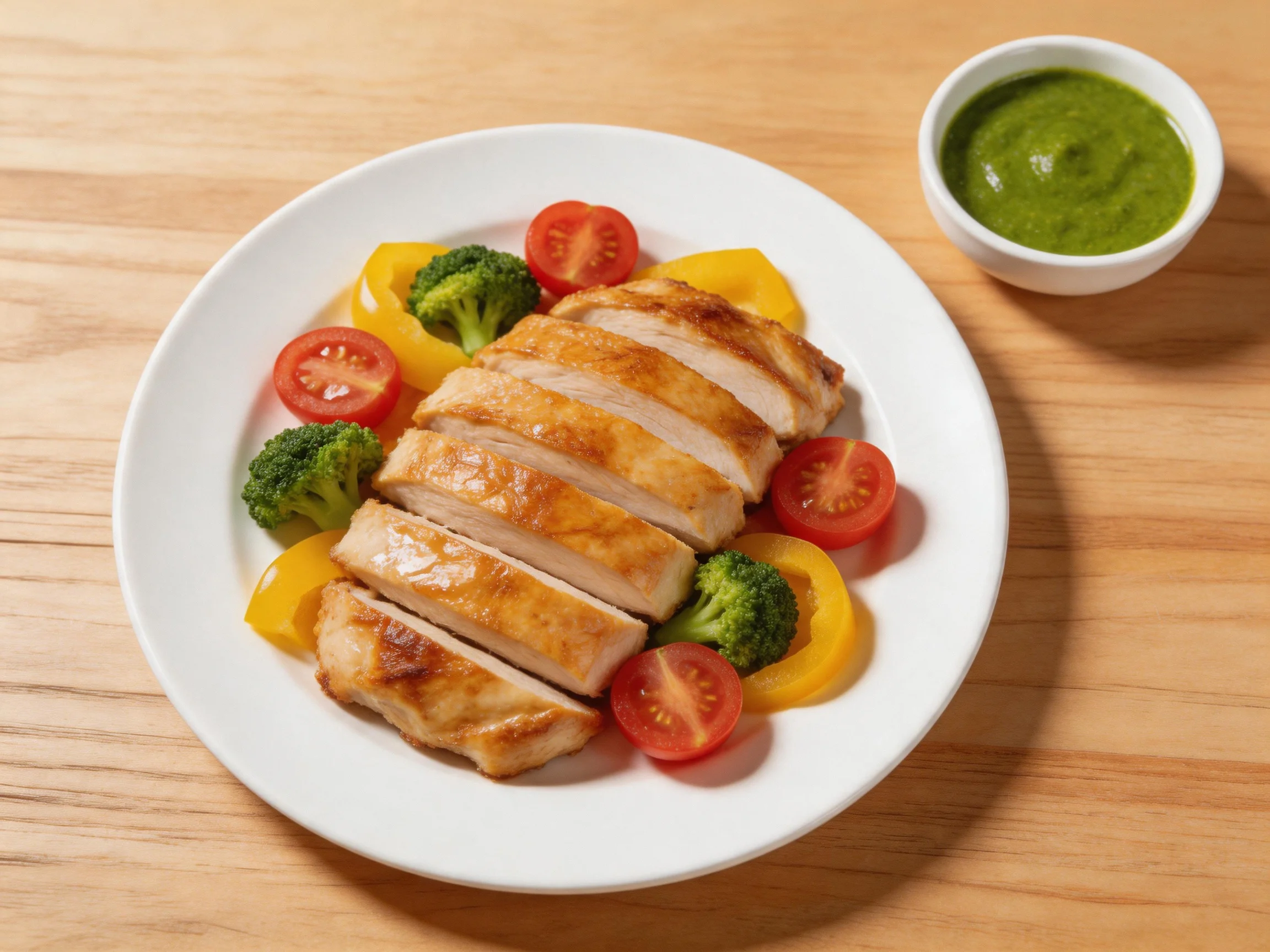 Sliced grilled chicken breast with mixed vegetables and green sauce