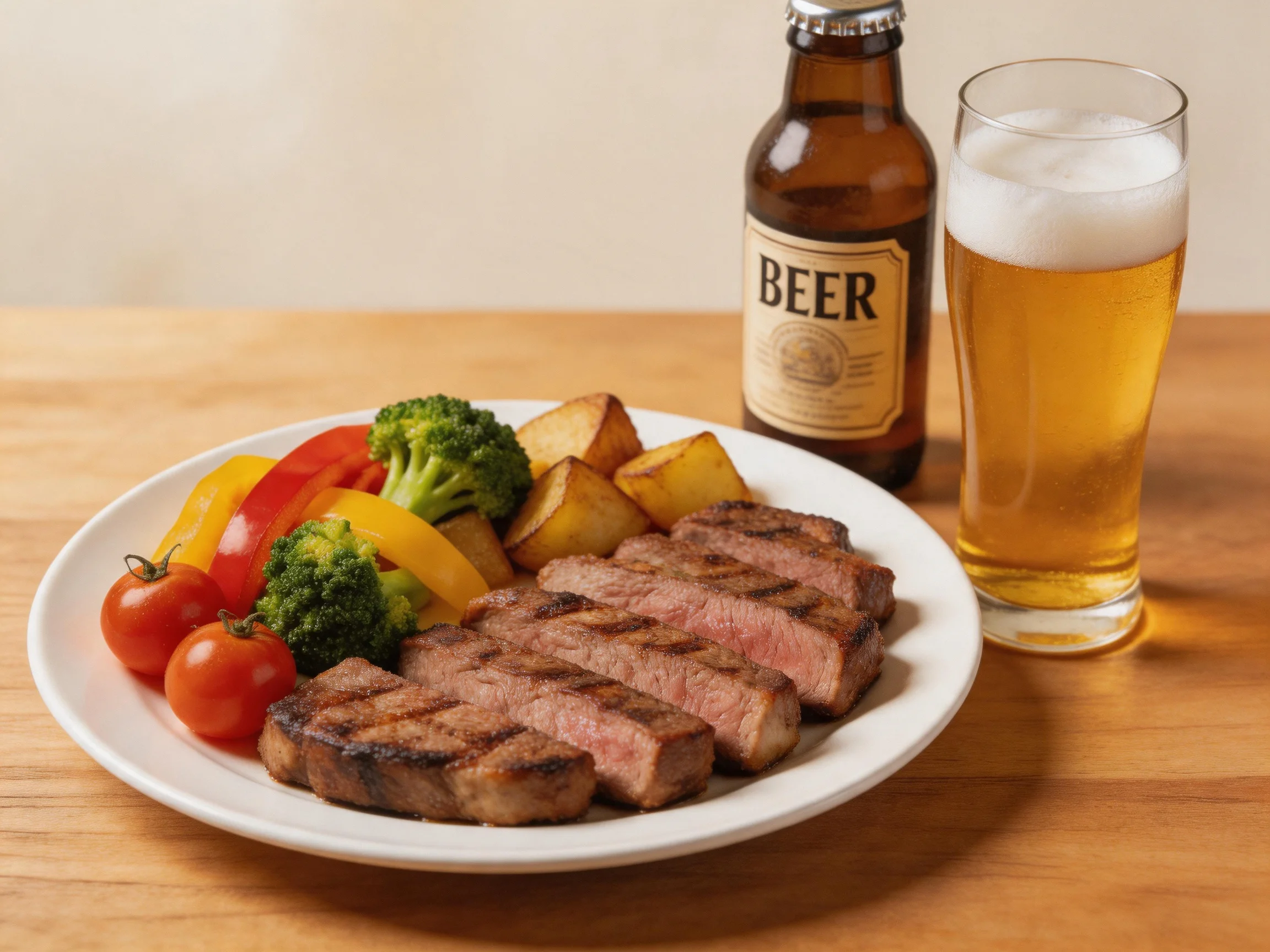 Sliced grilled steak dish with mixed vegetables, beer bottle, and frothy beer glass