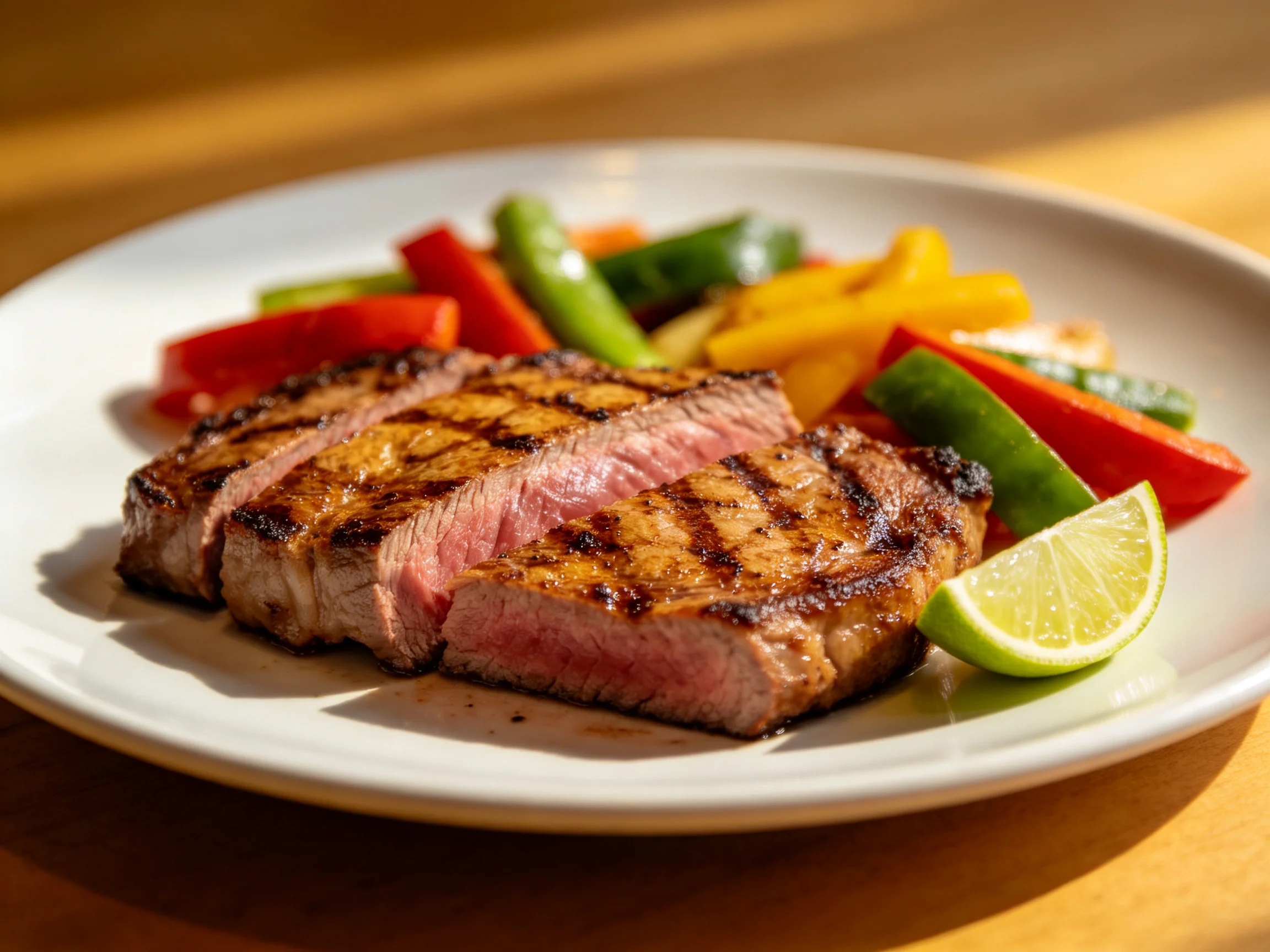 Sliced grilled steak with colorful bell peppers and lime on a white plate