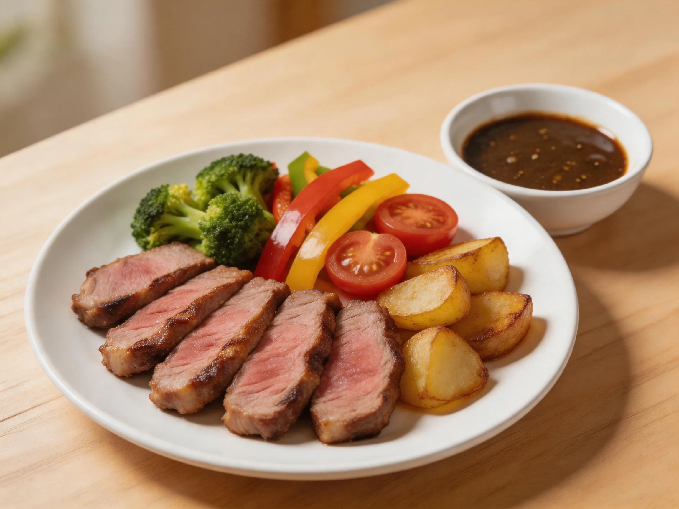 Sliced grilled steak with roasted potatoes, colorful vegetables, and dipping sauce