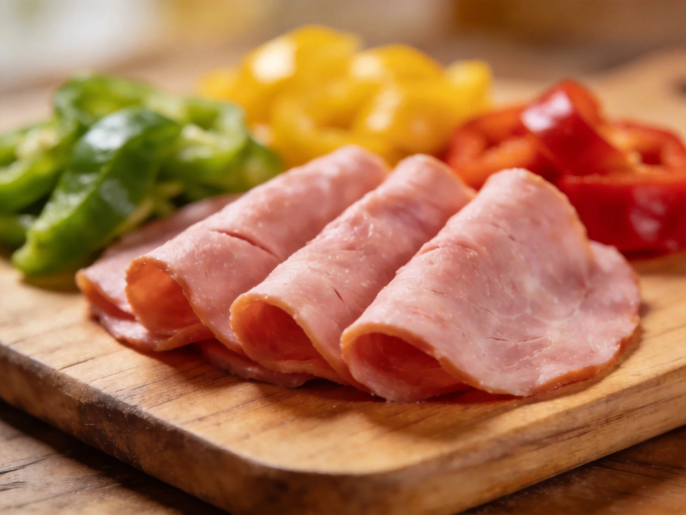 Sliced ham and green, yellow, red bell pepper slices on a wooden cutting board