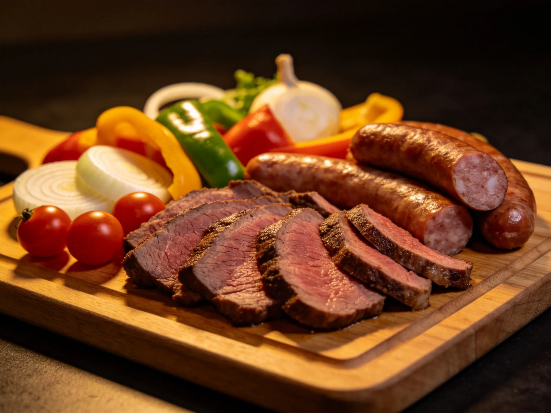 Sliced medium - rare beef, sausages, and colorful vegetables on a wooden cutting board