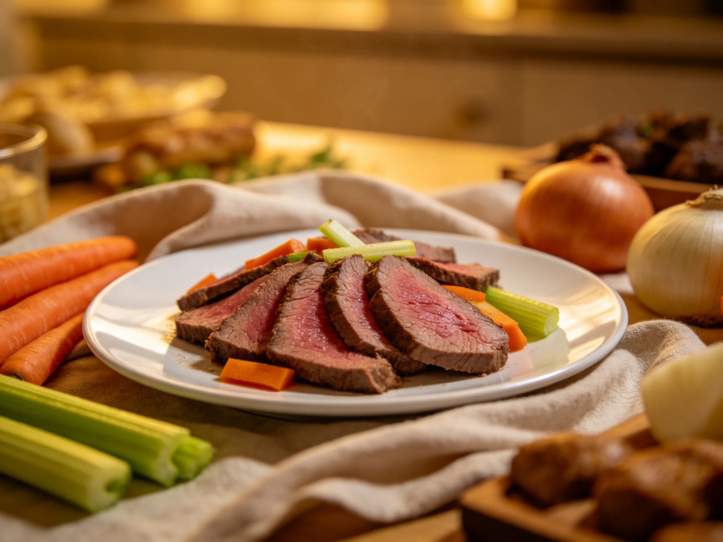 Sliced medium-rare roast beef with fresh vegetables on white plate