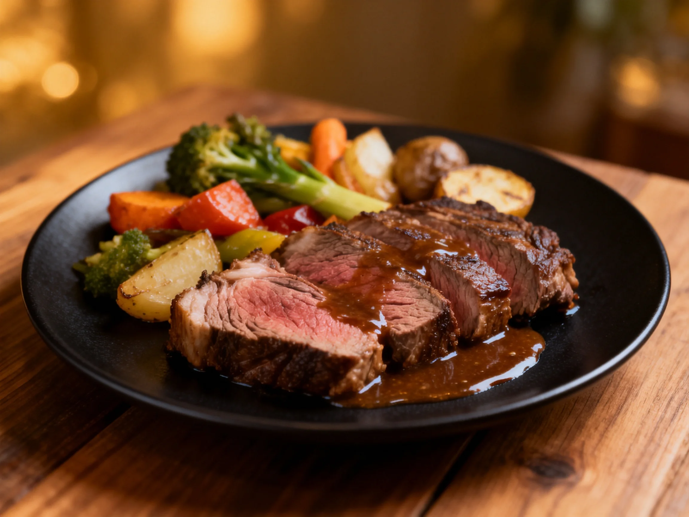 Sliced medium-rare steak with roasted vegetables on a black plate