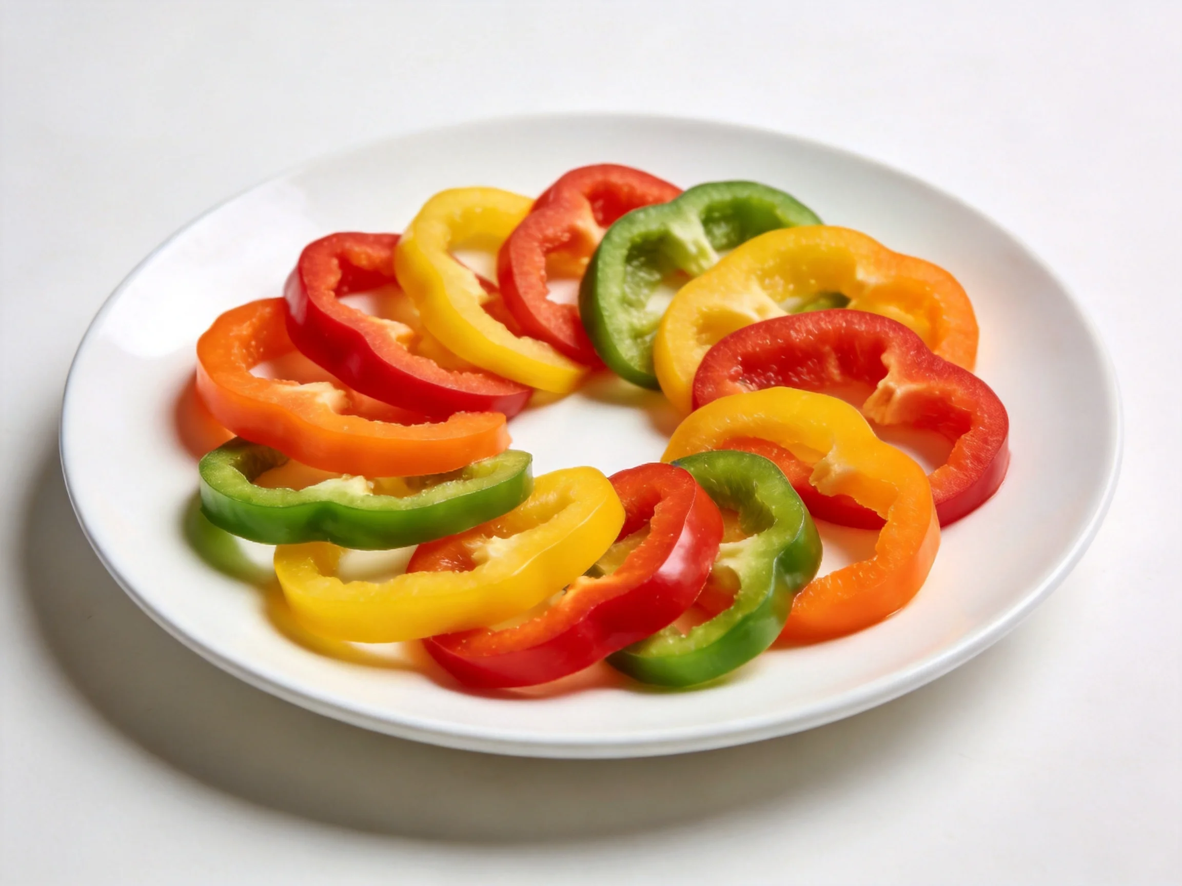 Sliced multicolored bell peppers arranged on a white plate
