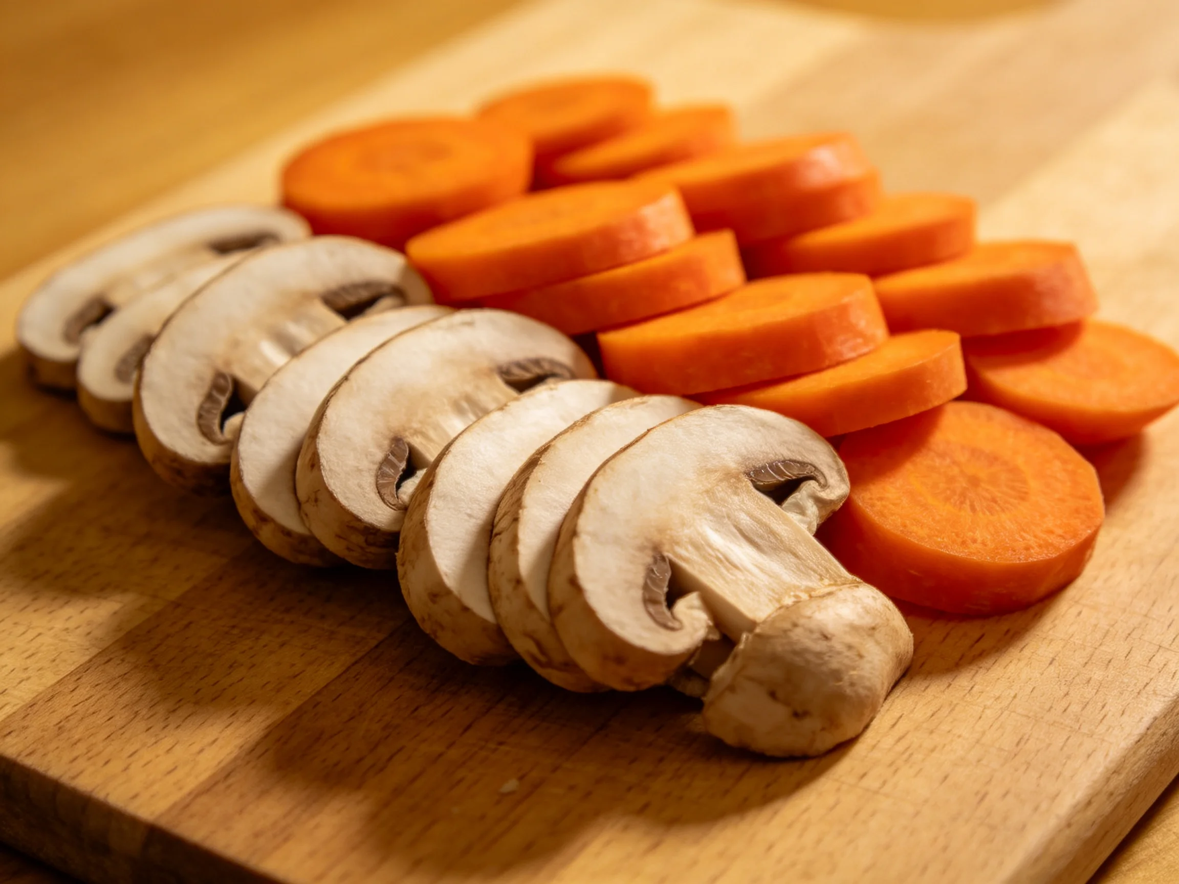 Sliced mushrooms and carrot rounds arranged on a wooden cutting board