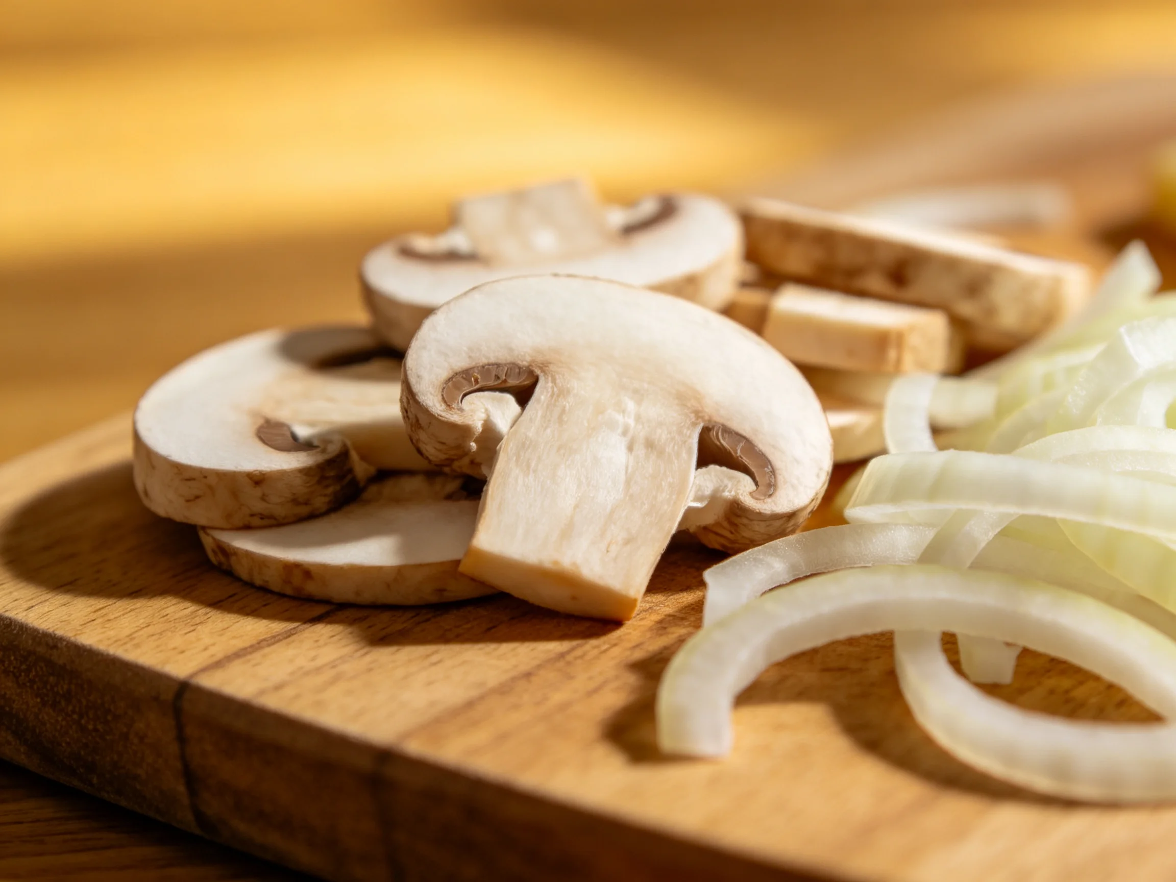 Sliced mushrooms and onion strips arranged on a wooden cutting board