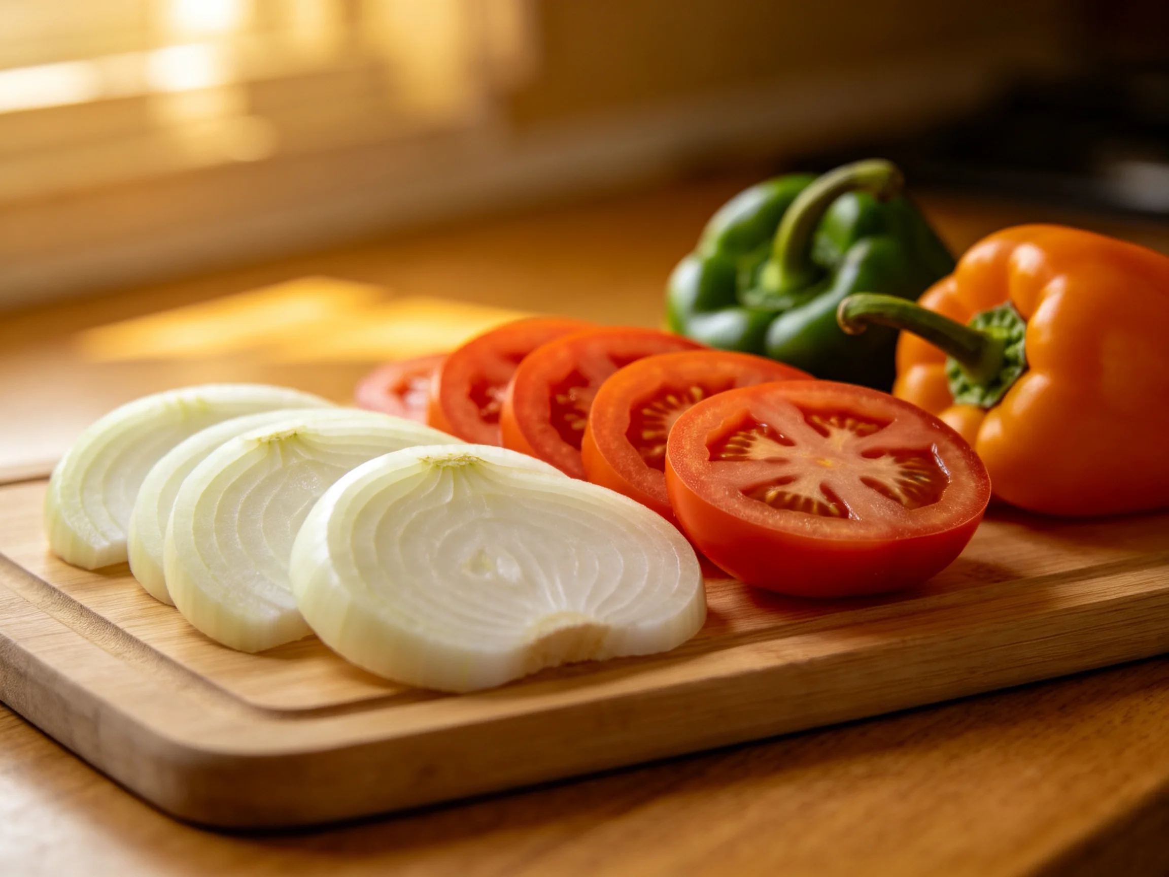 Fresh vegetable slices are arranged on a wooden cutting board.