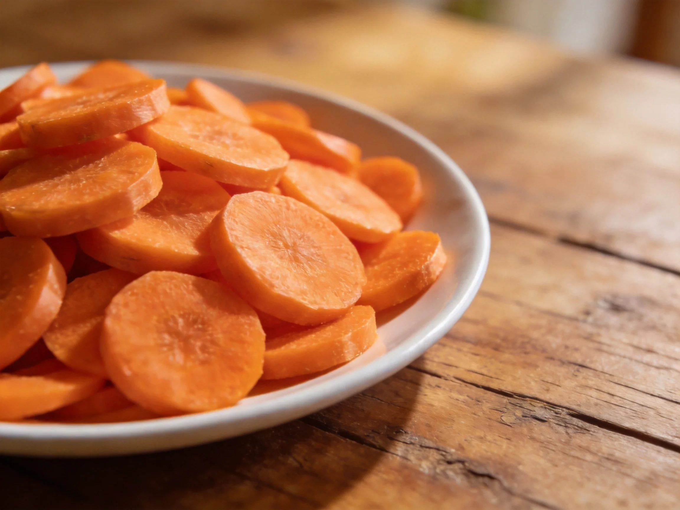Sliced orange carrot rounds in a white dish atop a rustic wooden table
