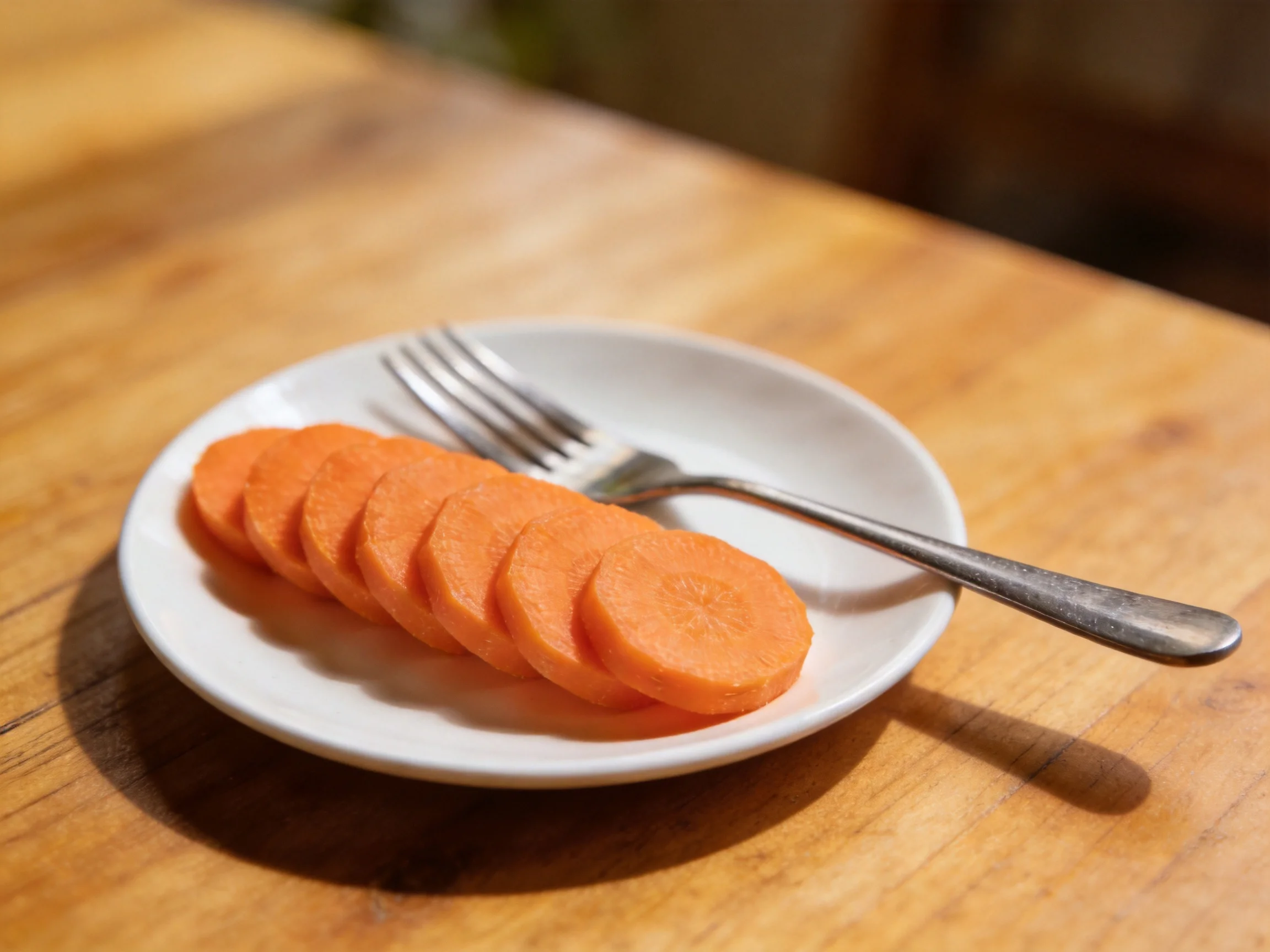 Sliced orange carrot rounds on a white plate with two forks on a wooden table