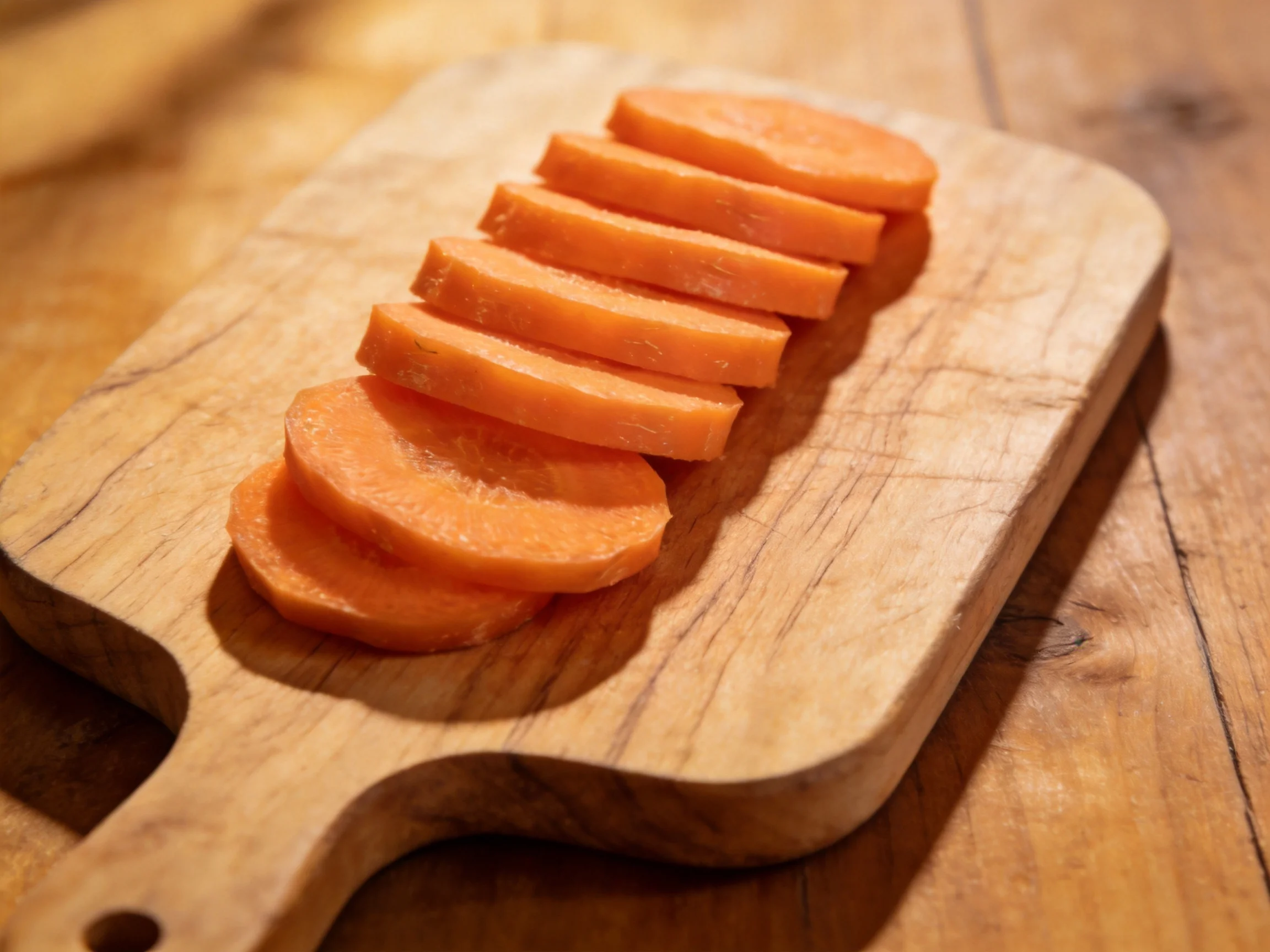 Sliced orange carrot rounds on a wooden cutting board