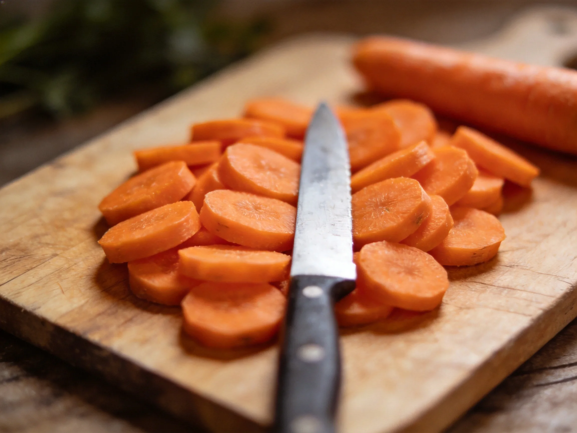 Sliced orange carrot rounds on a wooden cutting board with a chefs knife