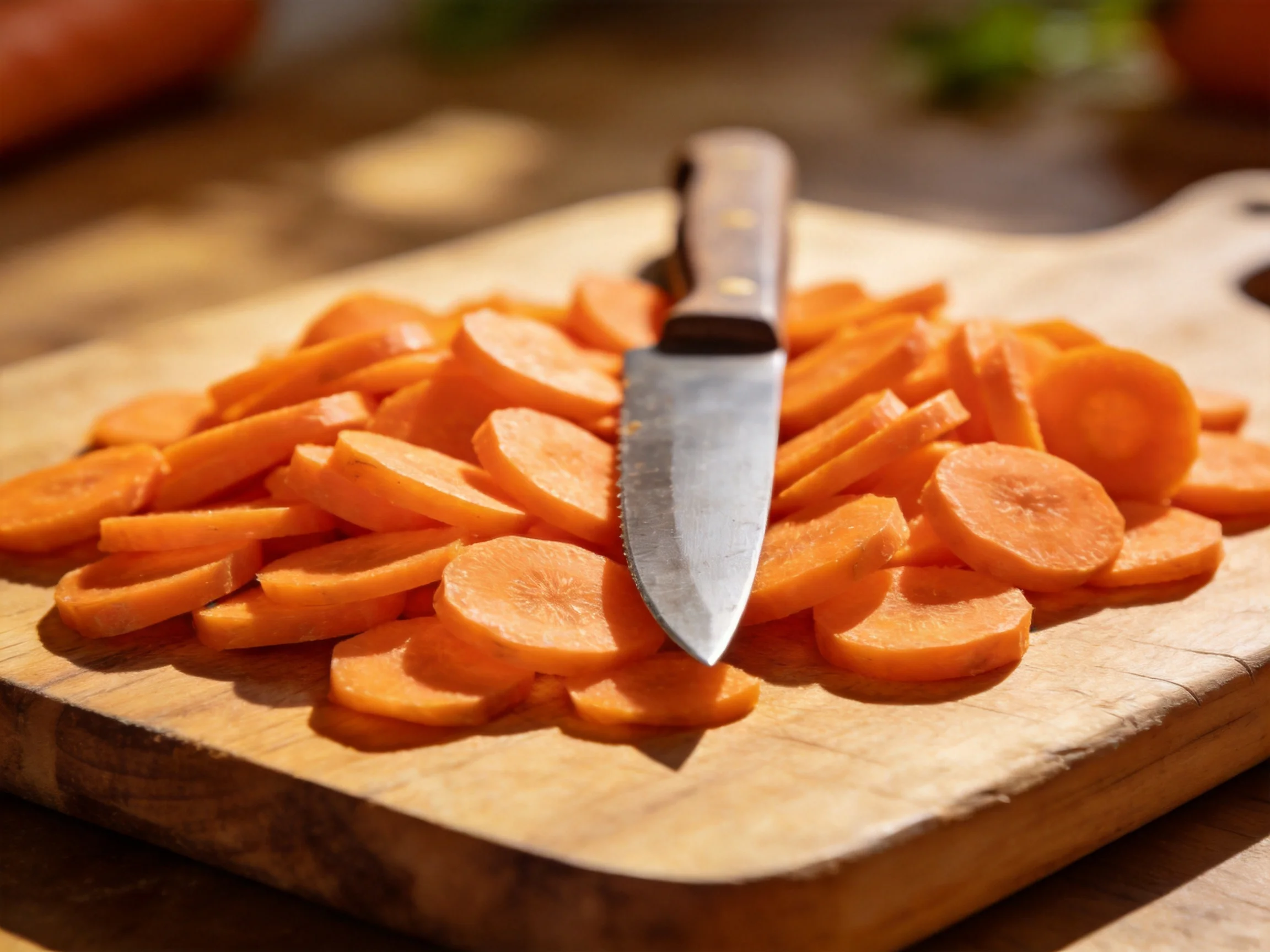 Sliced orange carrot rounds on a wooden cutting board with a knife