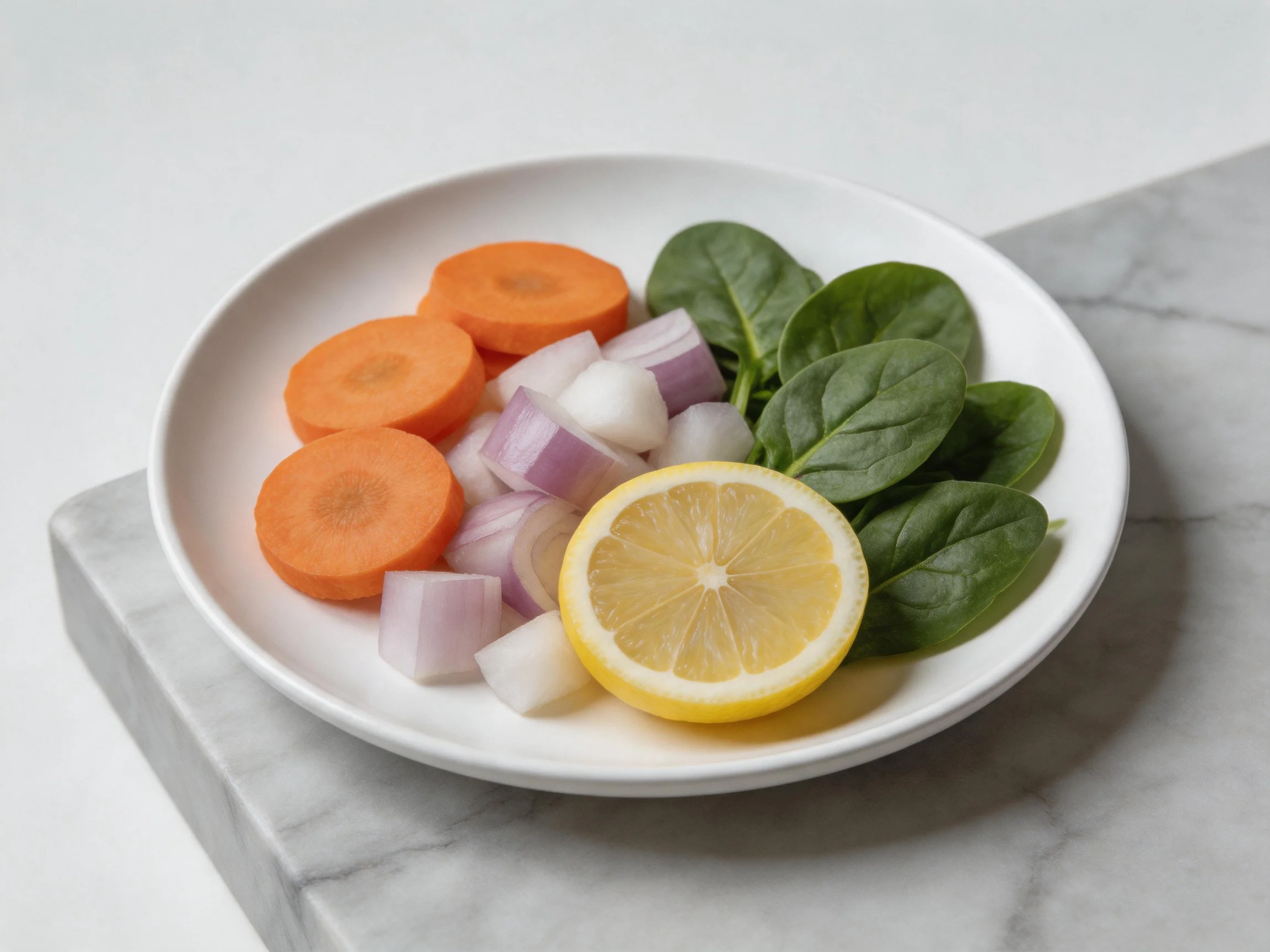 A white plate displays sliced vegetables and a lemon half.