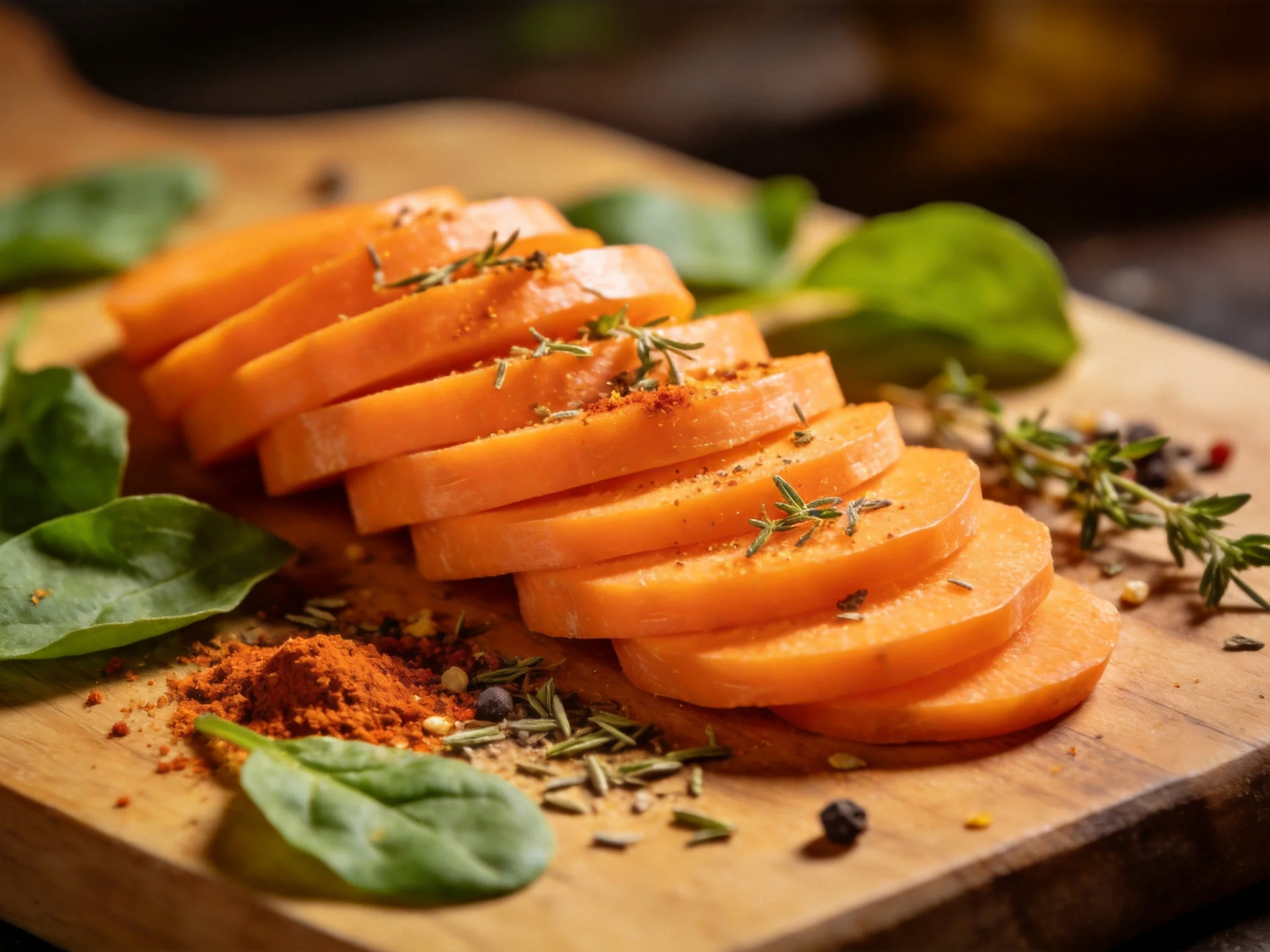 Sliced orange sweet potatoes with fresh herbs and spices on a wooden board