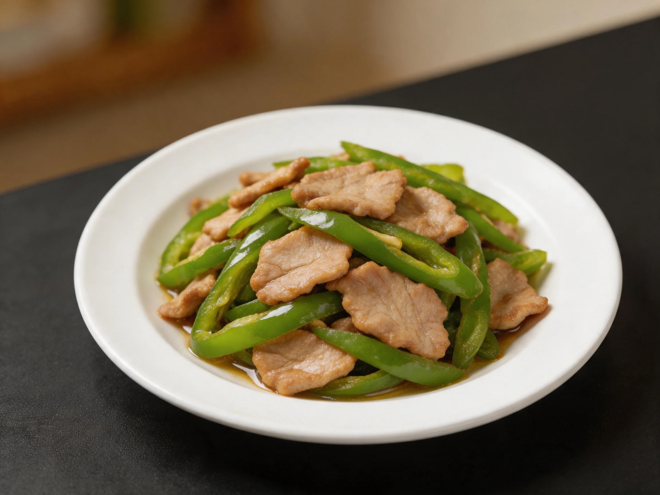 Sliced pork and green pepper stir - fry served on white plate