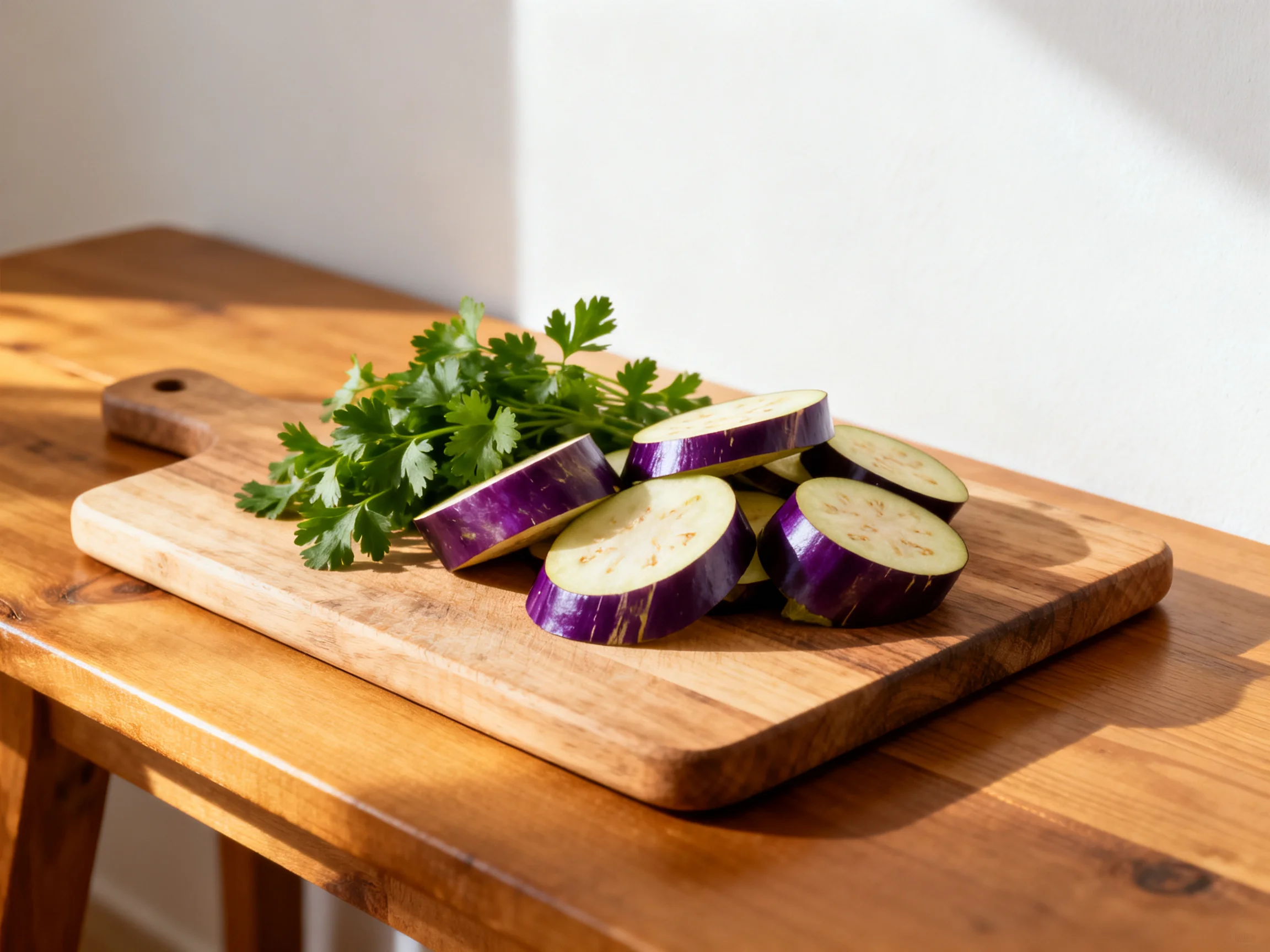 Sliced purple eggplant and fresh parsley on a wooden cutting board