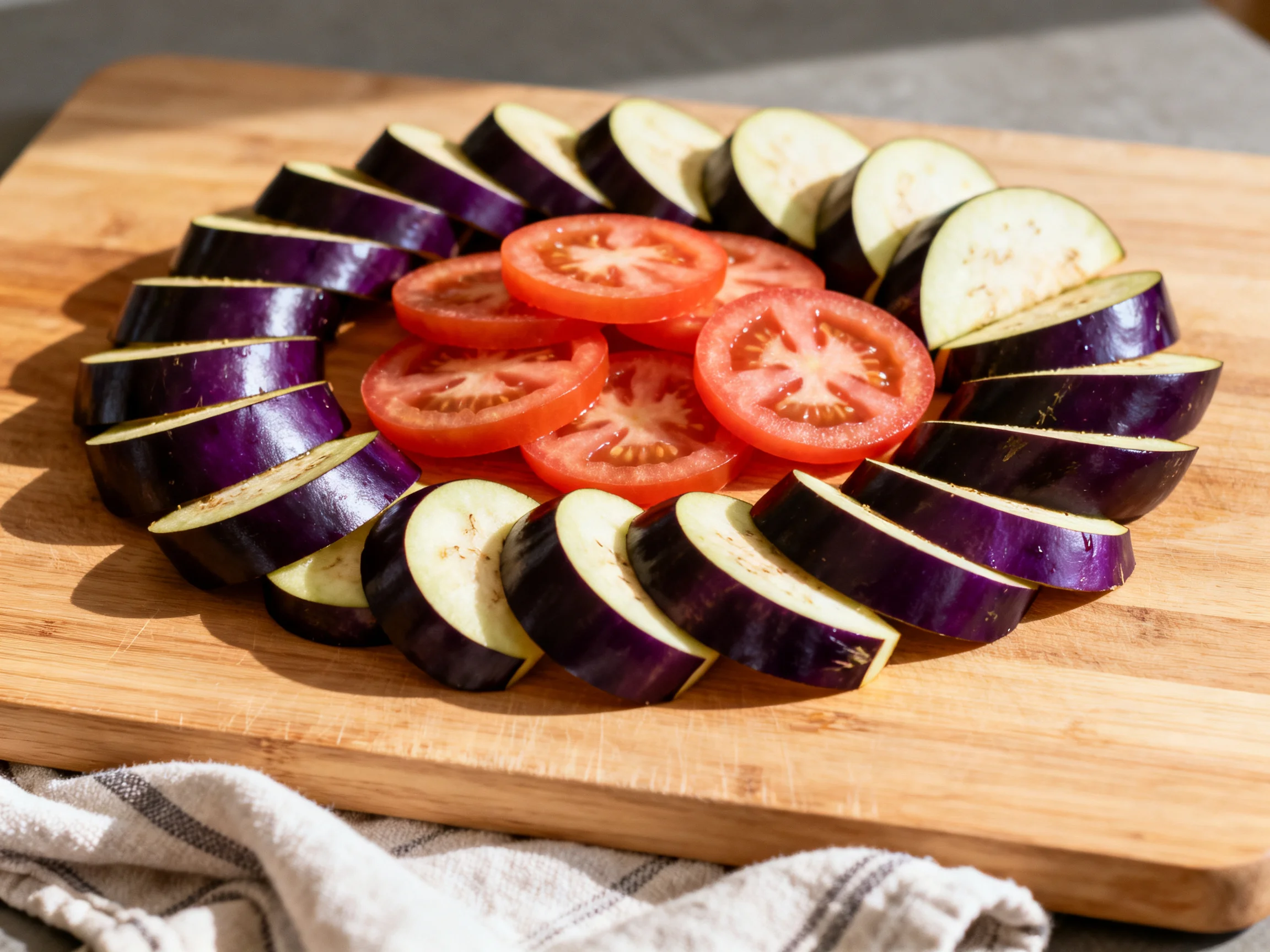 Sliced purple eggplants and red tomatoes arranged in a circular pattern on a wooden cutting board
