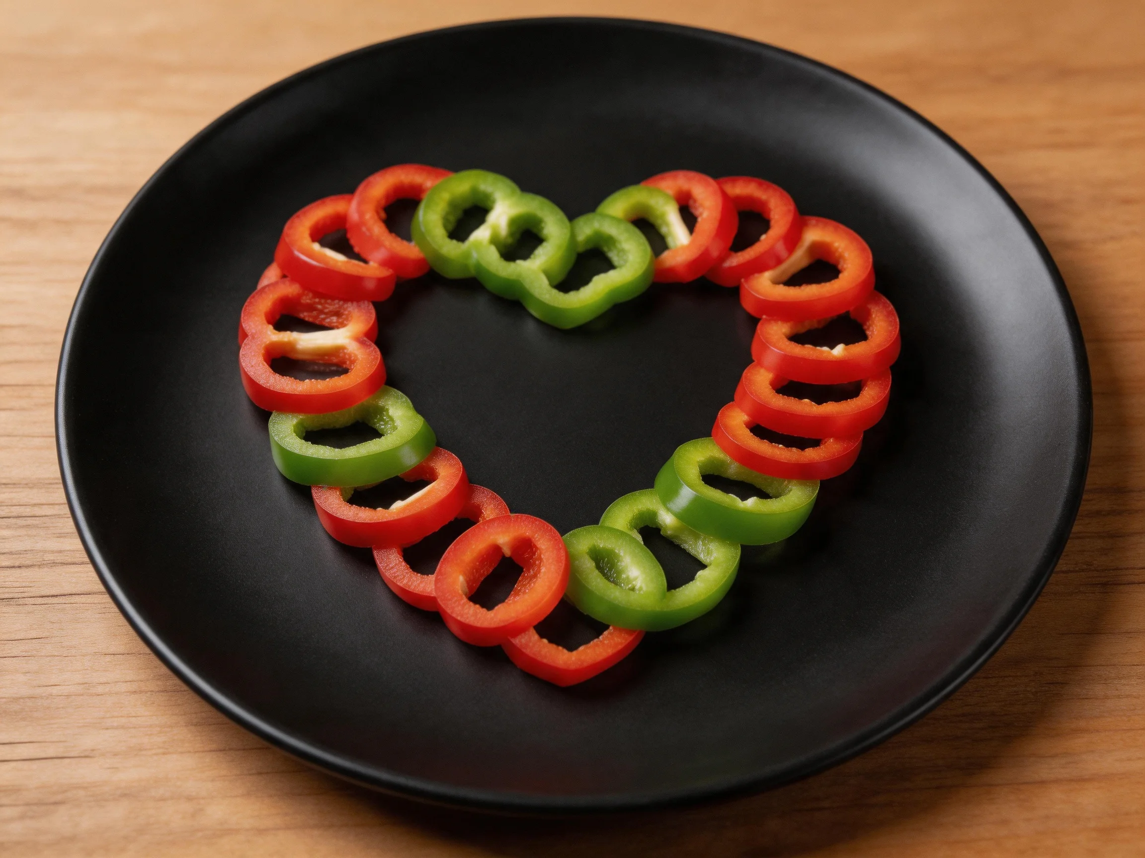 Sliced red and green bell pepper rings arranged in a heart shape on a black plate