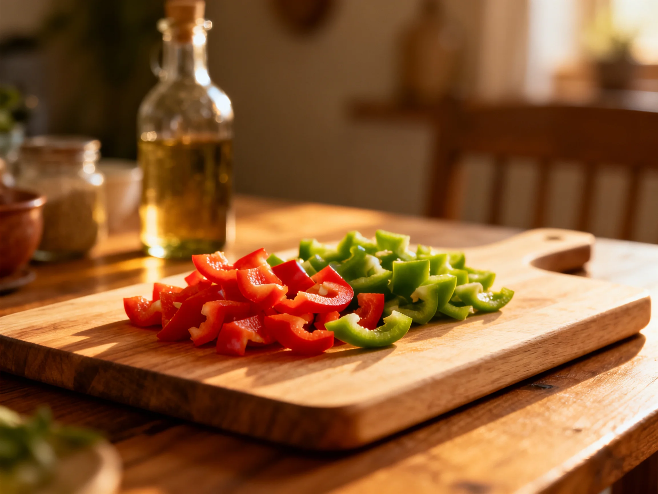 Sliced red and green bellpeppers on a wooden cutting board near kitchen containers and an oil bottle
