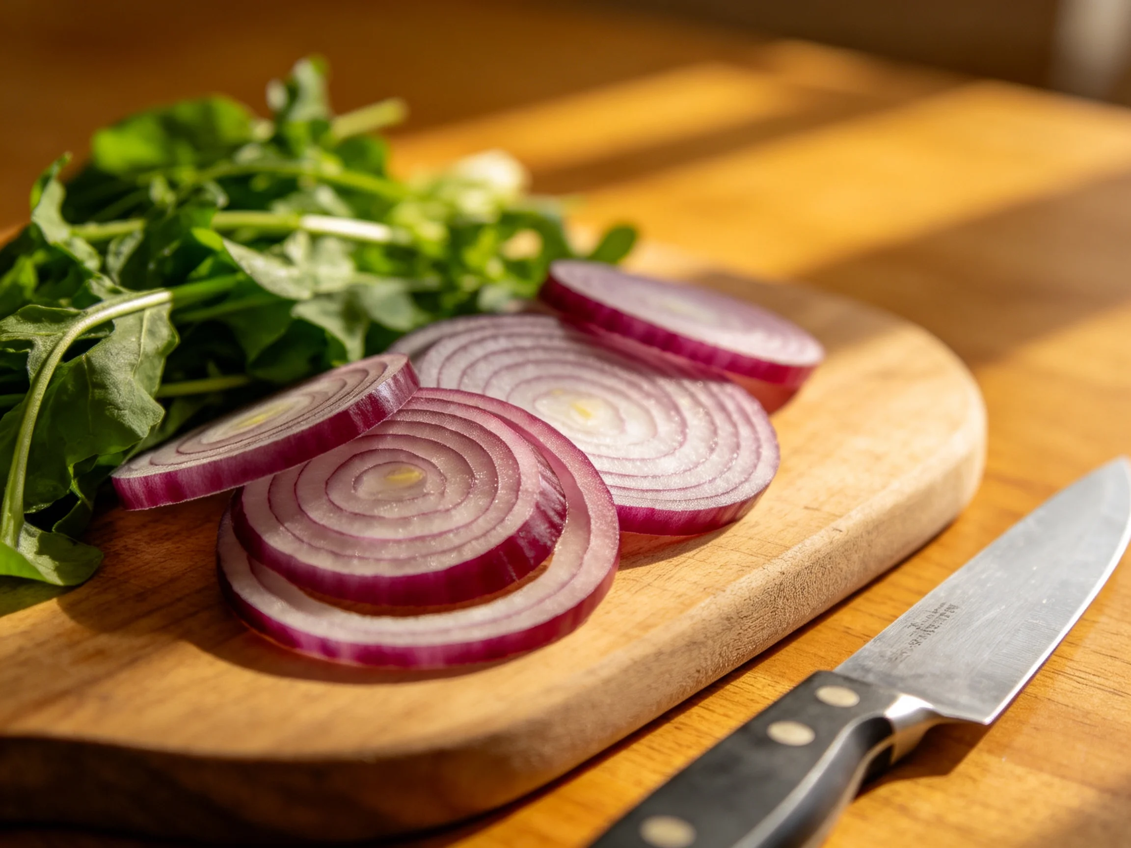 Sliced red onion rings and fresh greens on a wooden cutting board with a chef’s knife