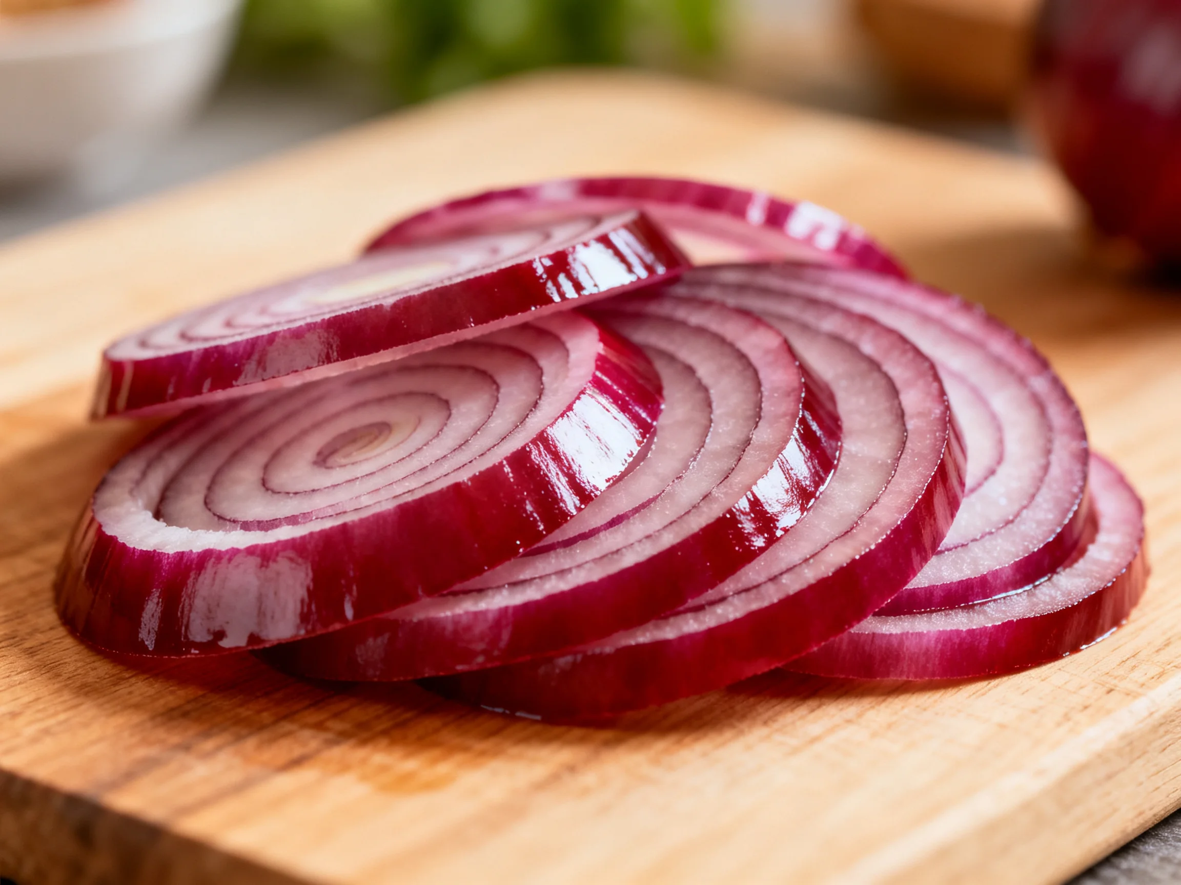 Sliced red onion rings arranged on a wooden cutting board
