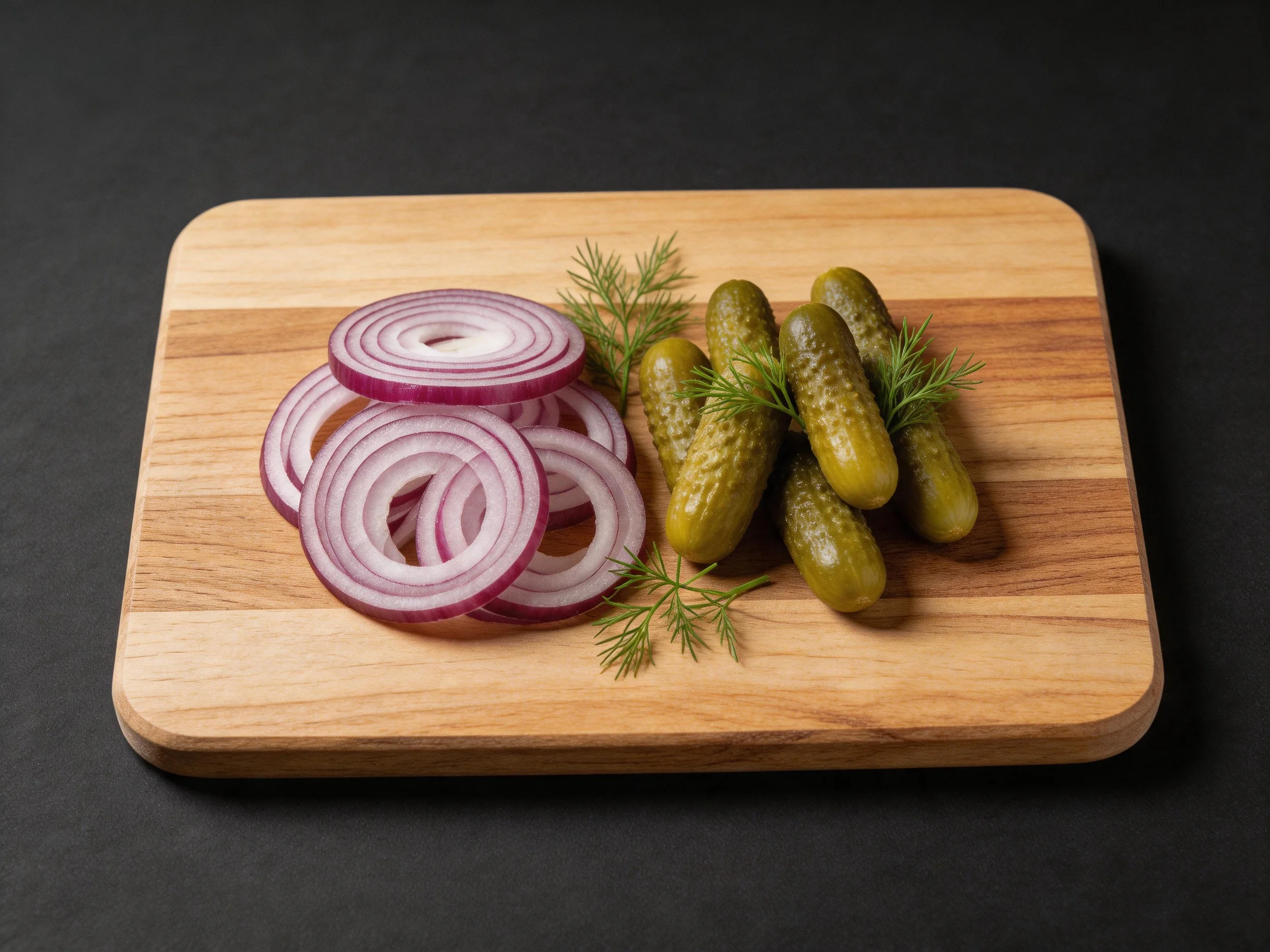 Sliced red onion rings, five pickles, and dill on a wooden cutting board