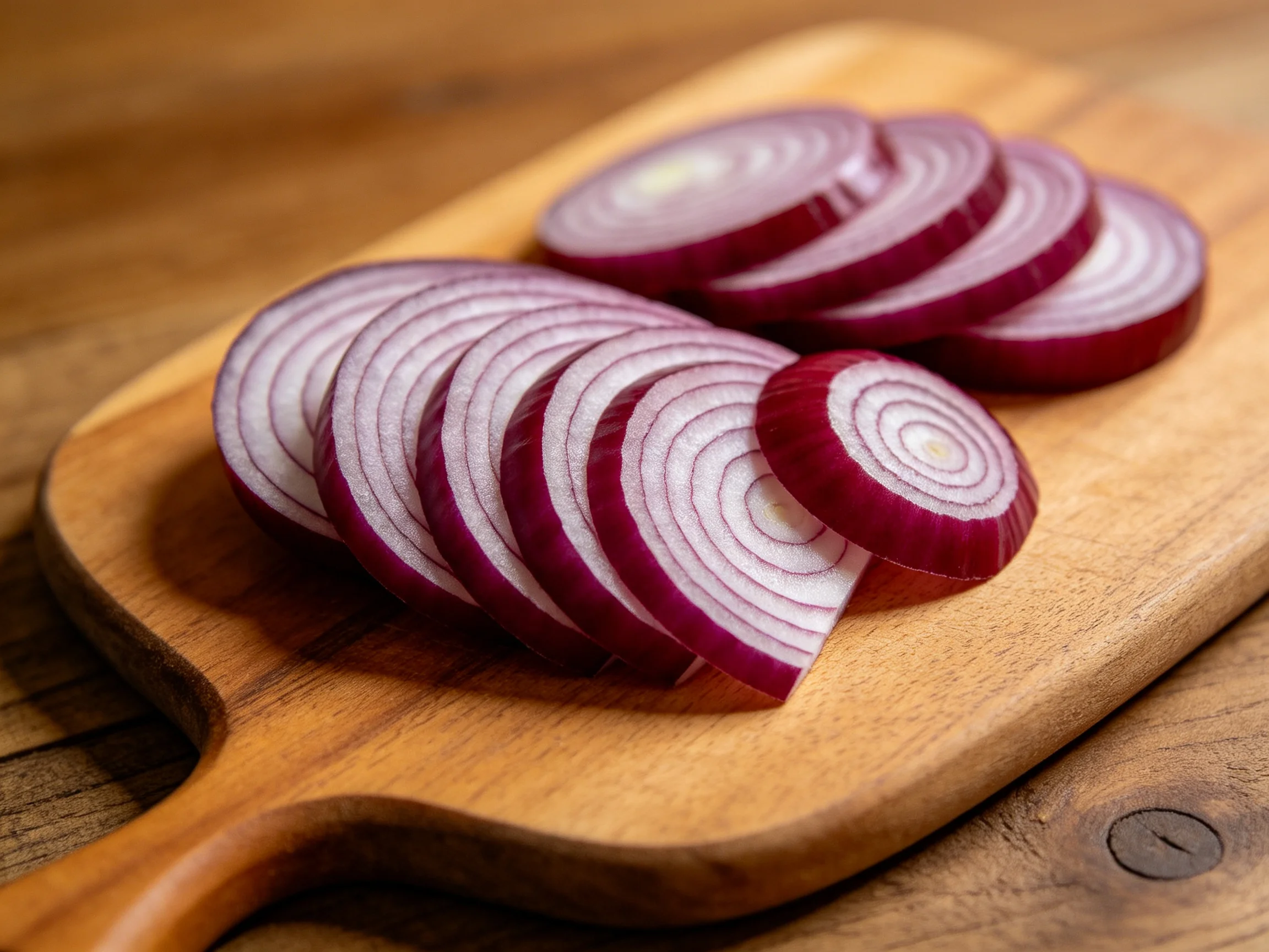 Sliced red onion rings neatly placed on a wooden cutting board