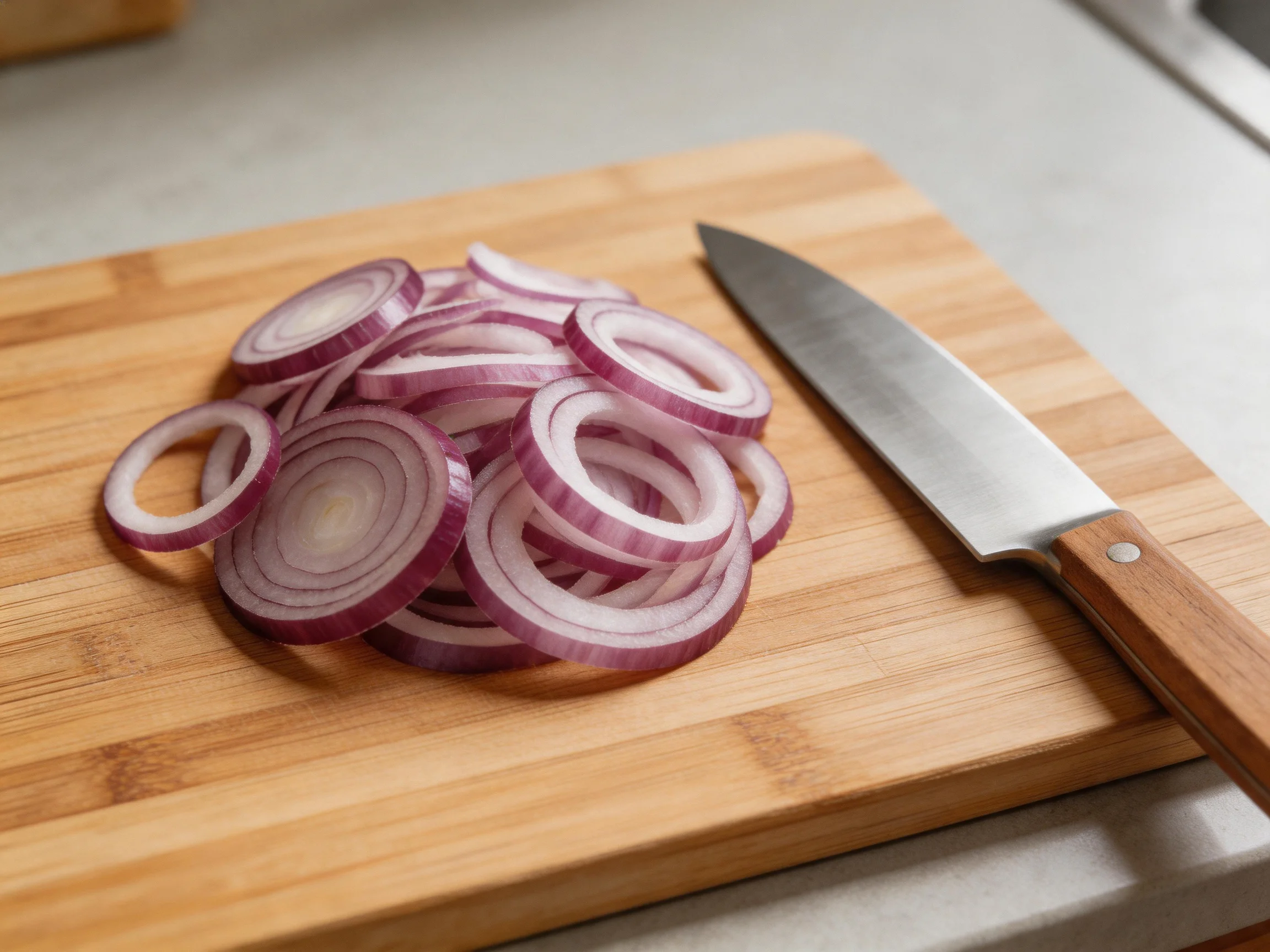 Sliced red onion rings on bamboo cutting board with chefs knife