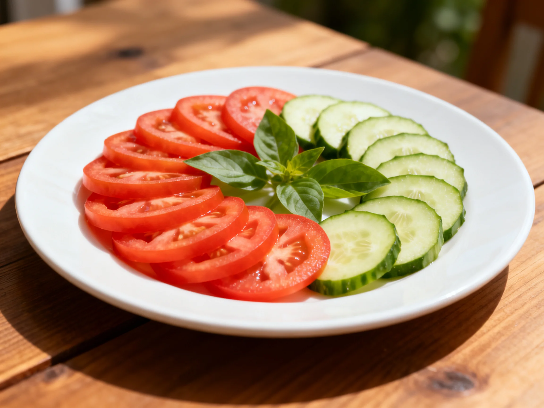 Sliced red tomatoes, green cucumbers, and basil on a white plate on a wooden table