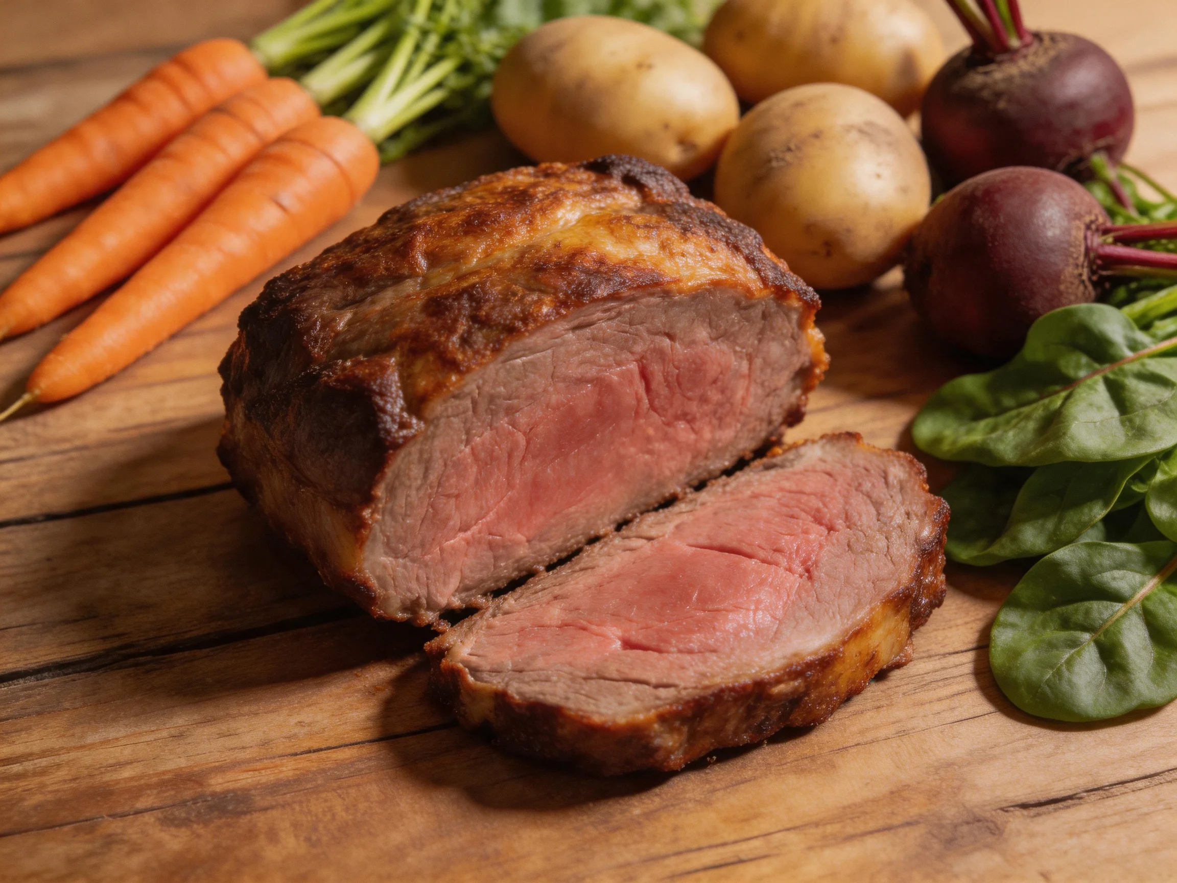 Sliced roasted beef with fresh carrots, potatoes, and beets