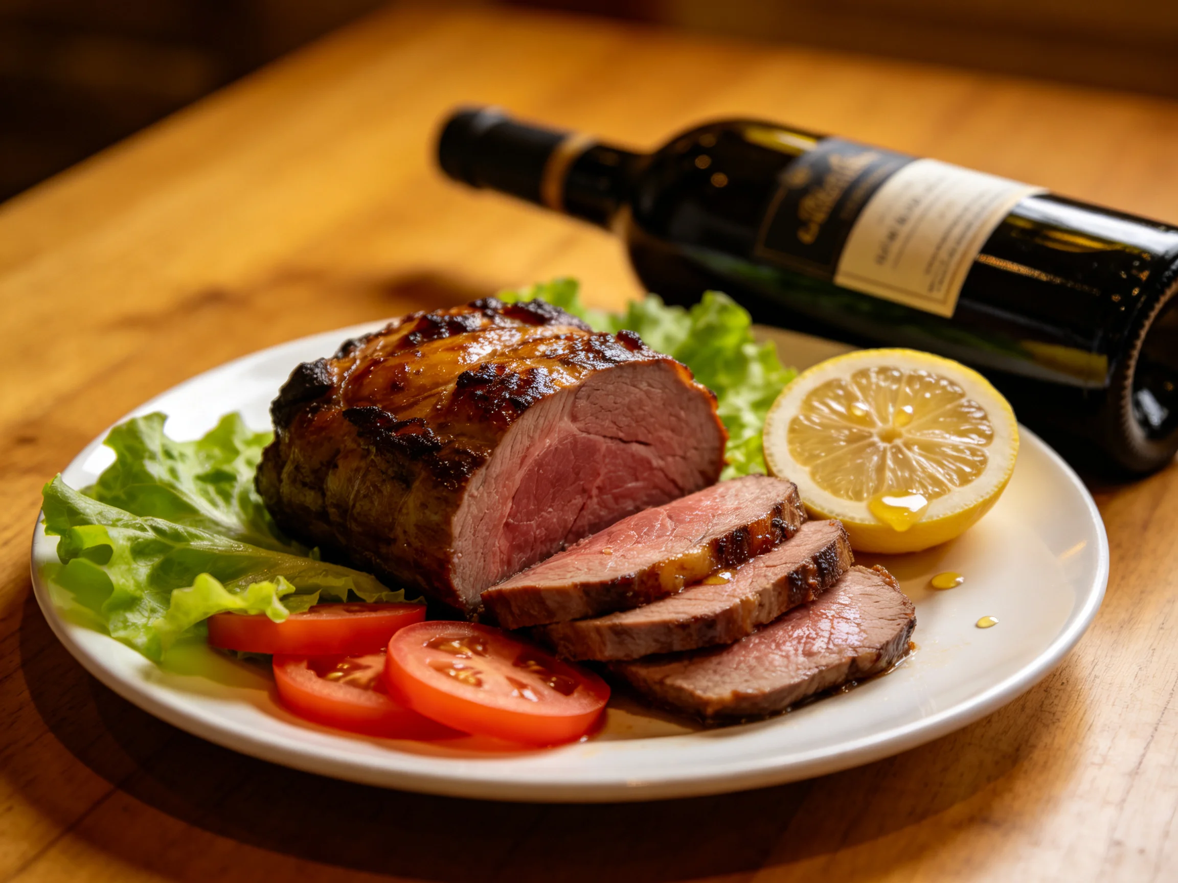 Sliced roasted meat dish with tomatoes, lemon, lettuce, and wine bottle