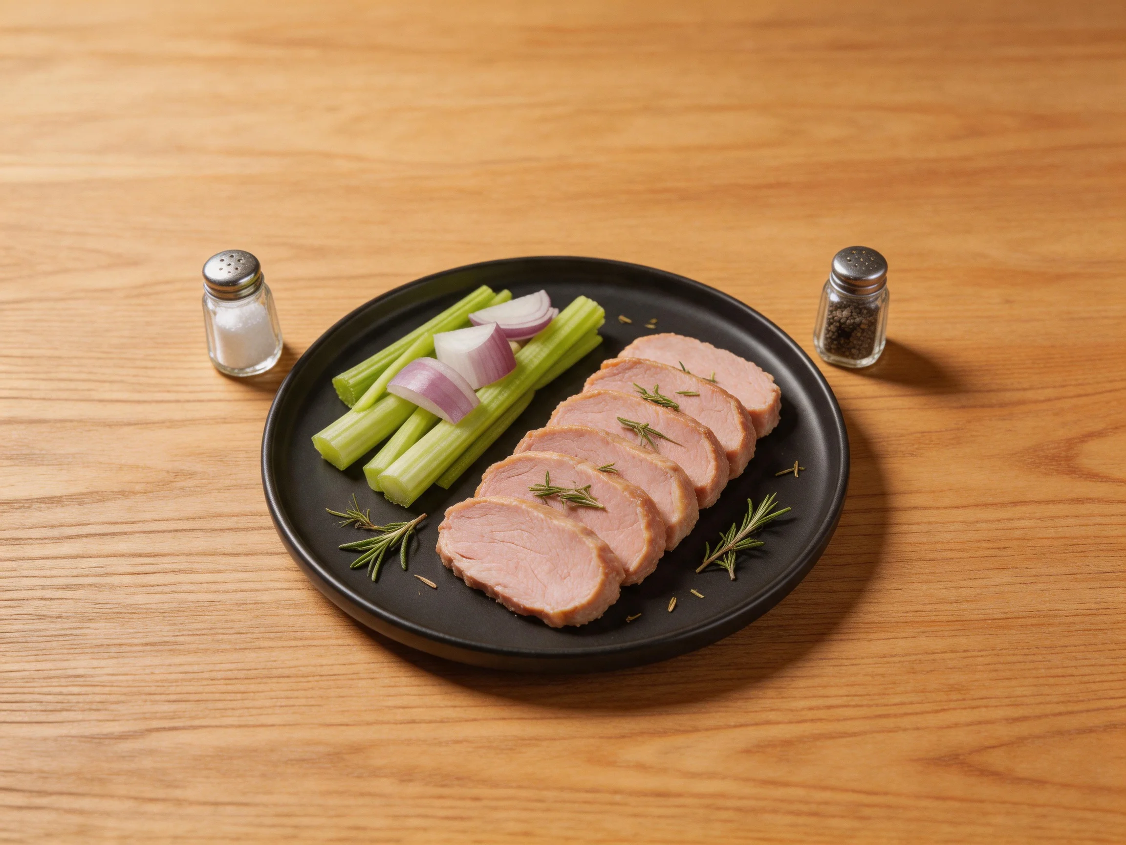 Sliced roasted meat with celery, onions, and rosemary on a black plate