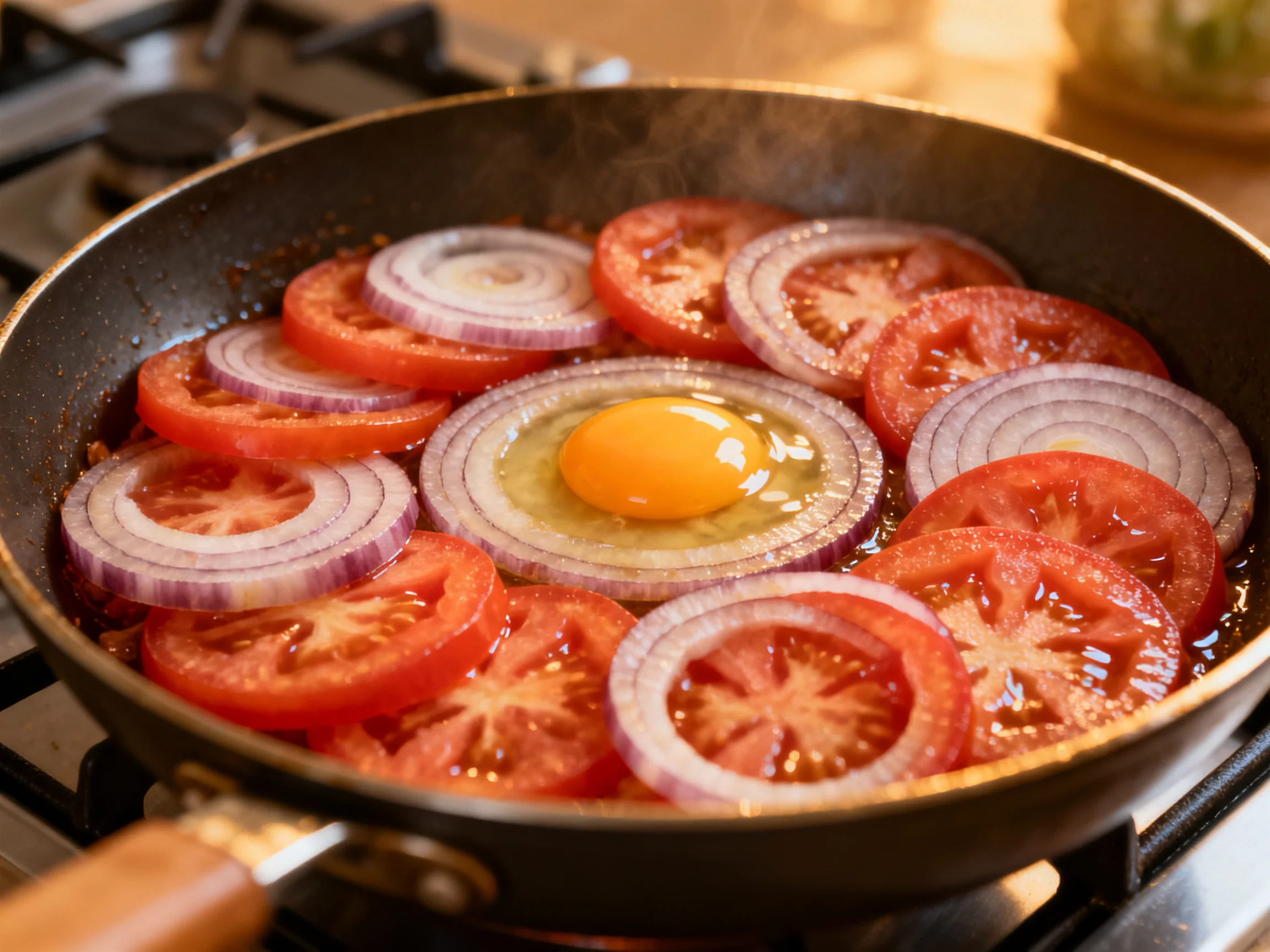 Sliced tomatoes, red onions, and a fried egg cooking in a black skillet