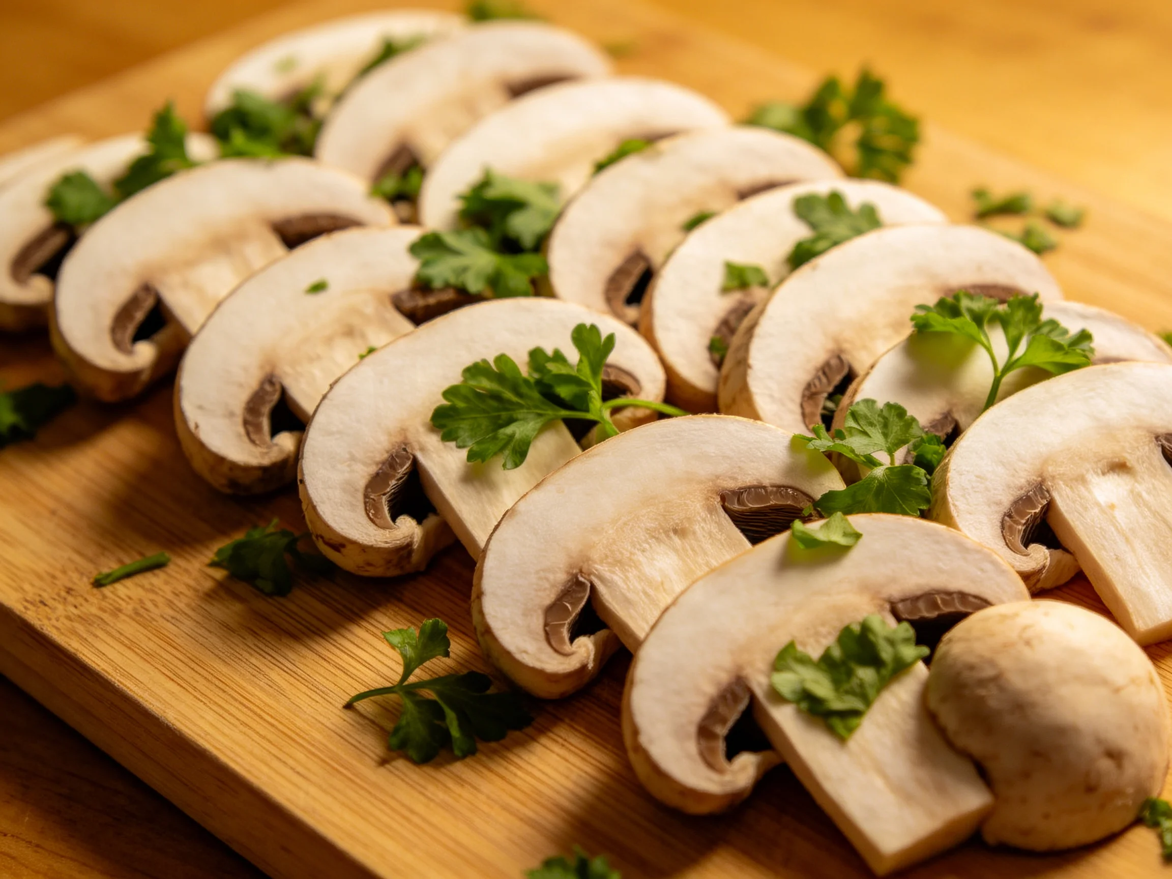 Sliced white button mushrooms with fresh green parsley on a wooden cutting board