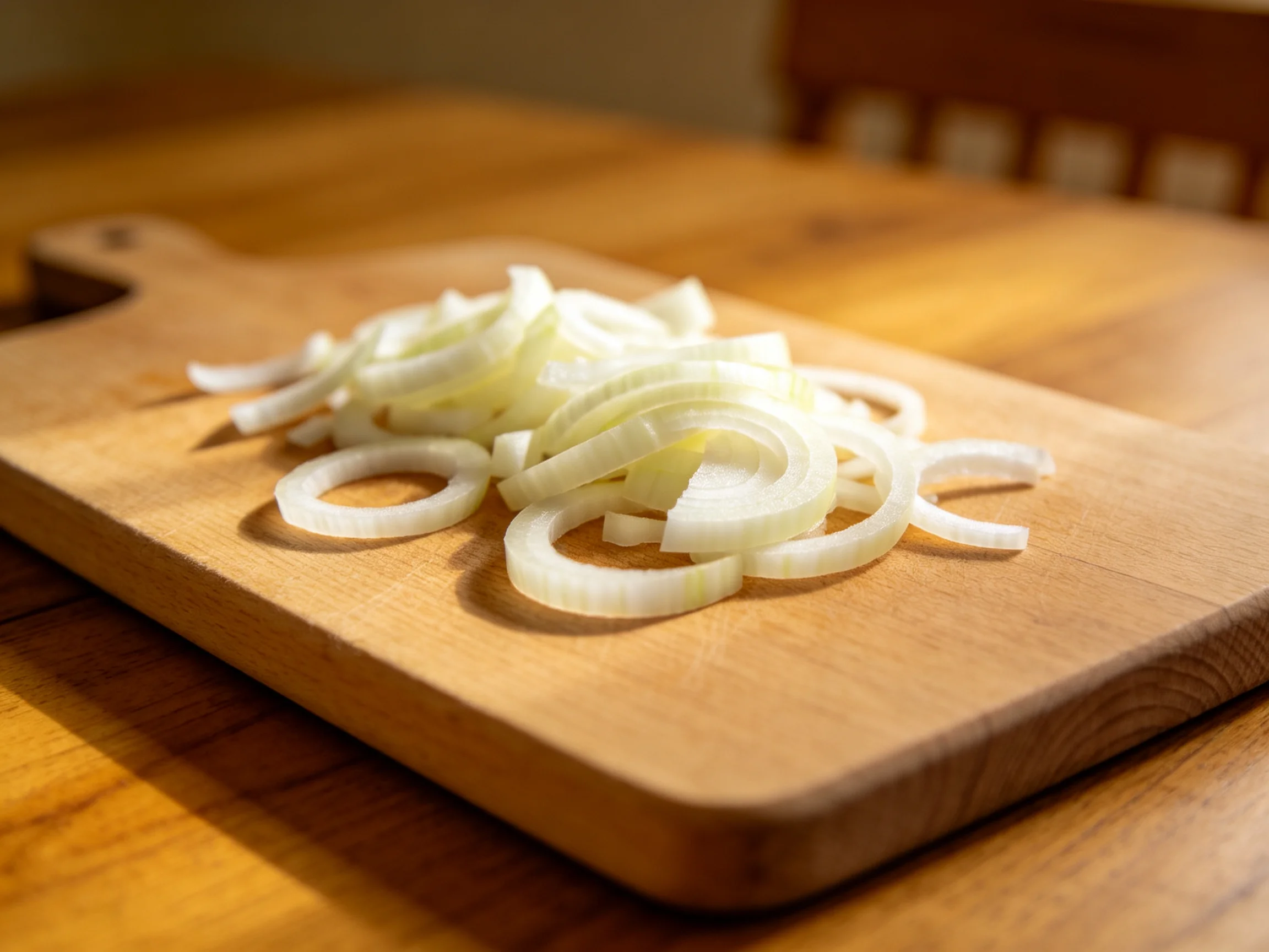 Sliced white onions arranged on a wooden cutting board