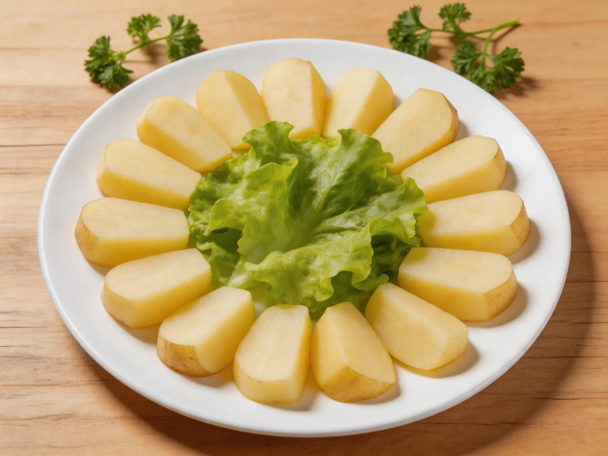 Sliced yellow potatoes arranged around lettuce on a white plate with parsley on wooden surface