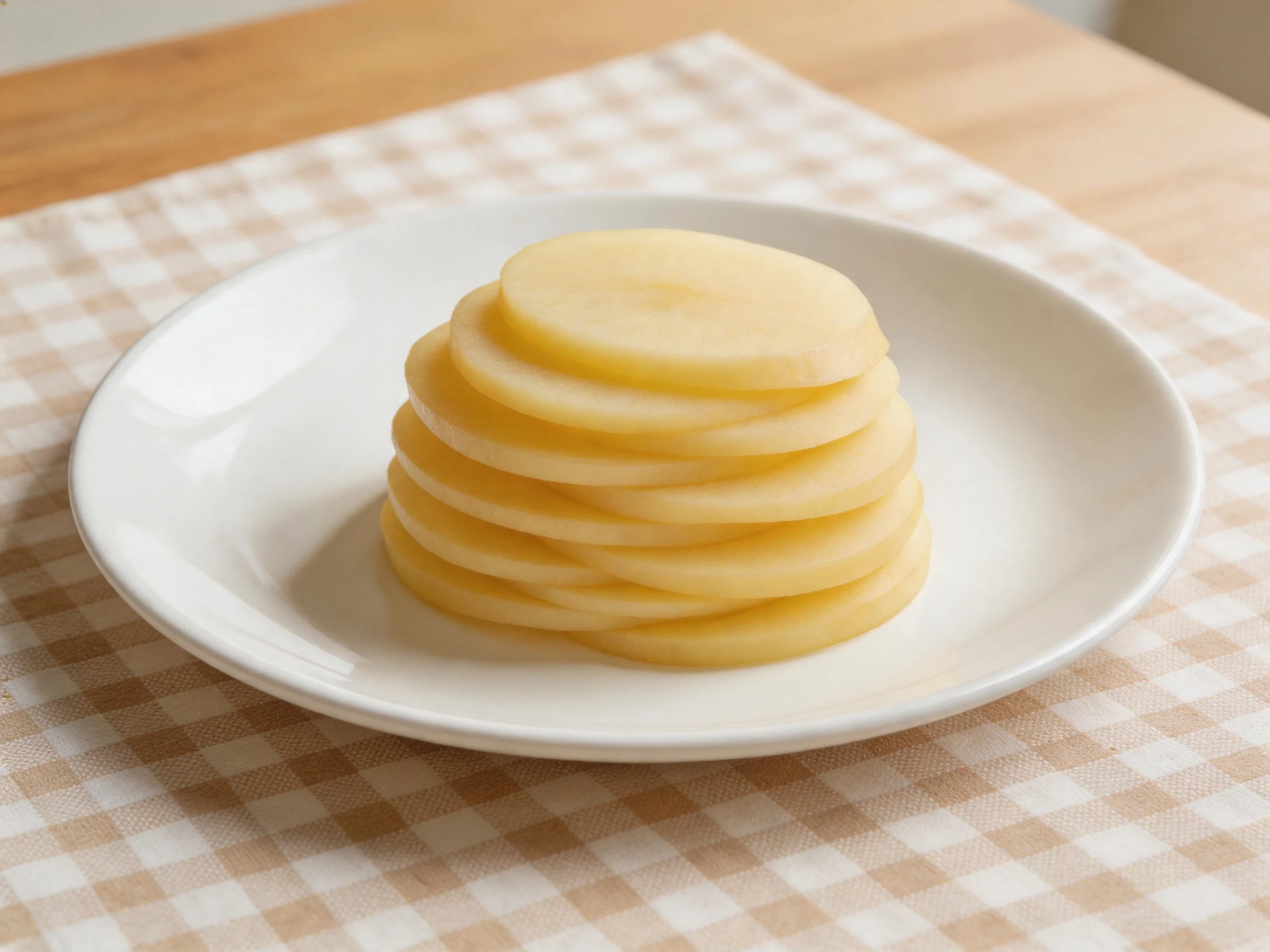 Sliced yellow potatoes stacked on a white plate over a checkered mat